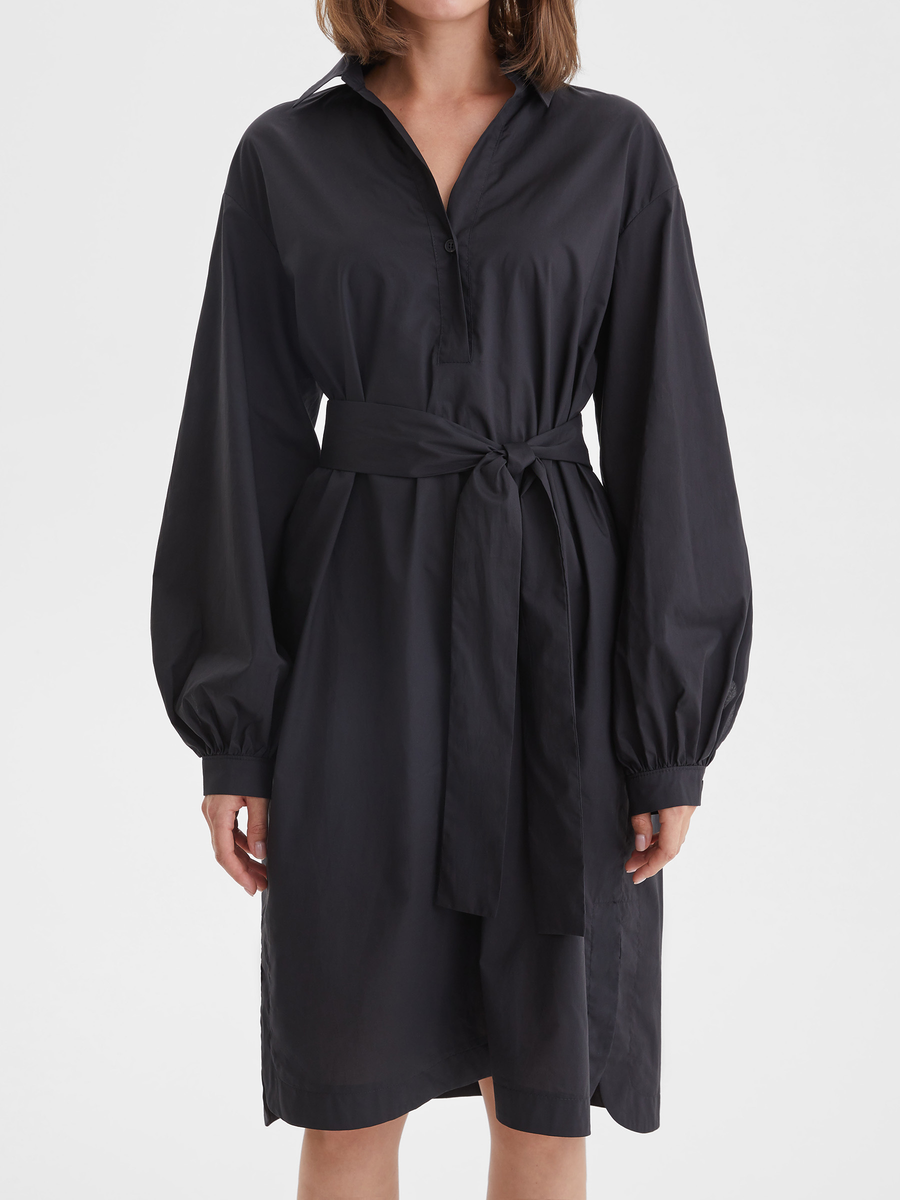 Платье-рубашка из хлопка с поясом M, черный