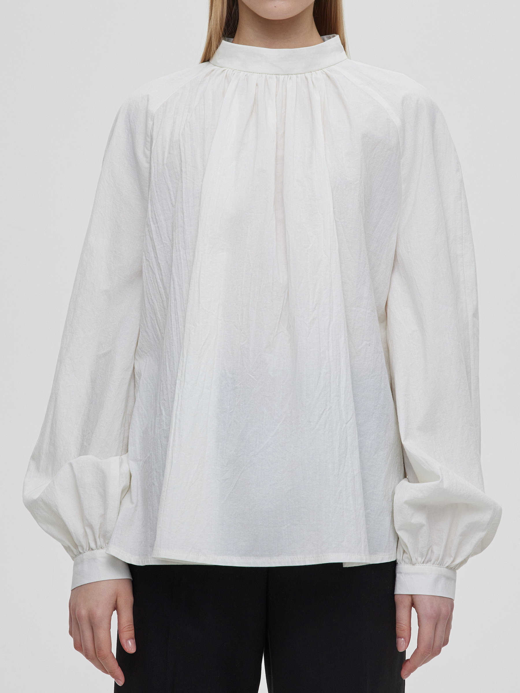 Блуза c воротником стойка и объемными рукавами M, молочный - фото 3