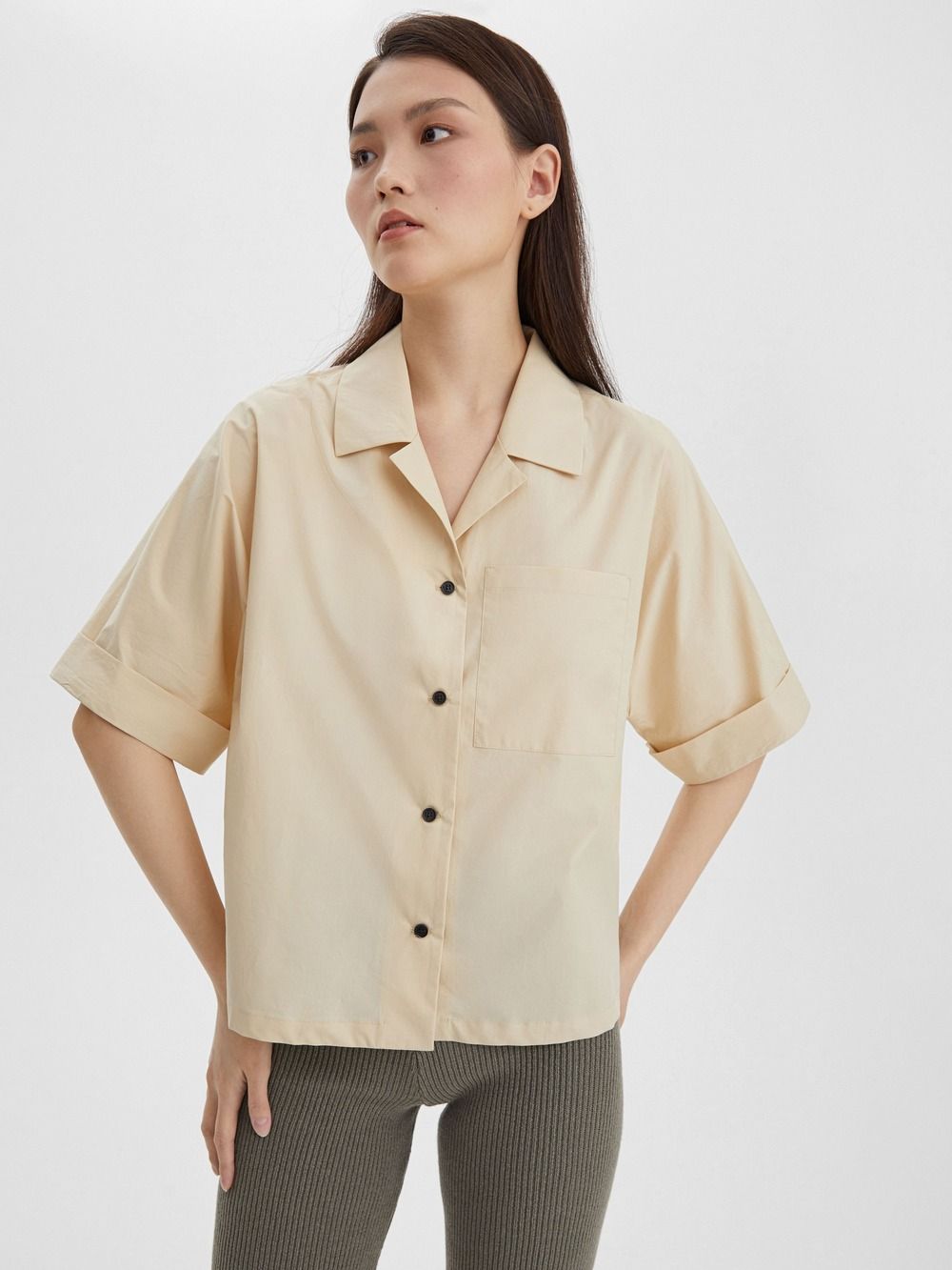 

Рубашка женская с коротким рукавом из хлопка, цвет – бежевый