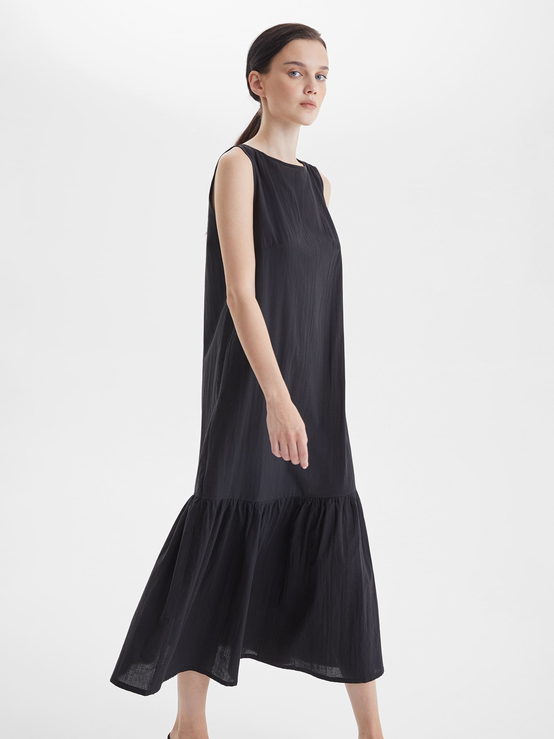 Платье миди из хлопка с открытыми плечами M, черный - фото 1