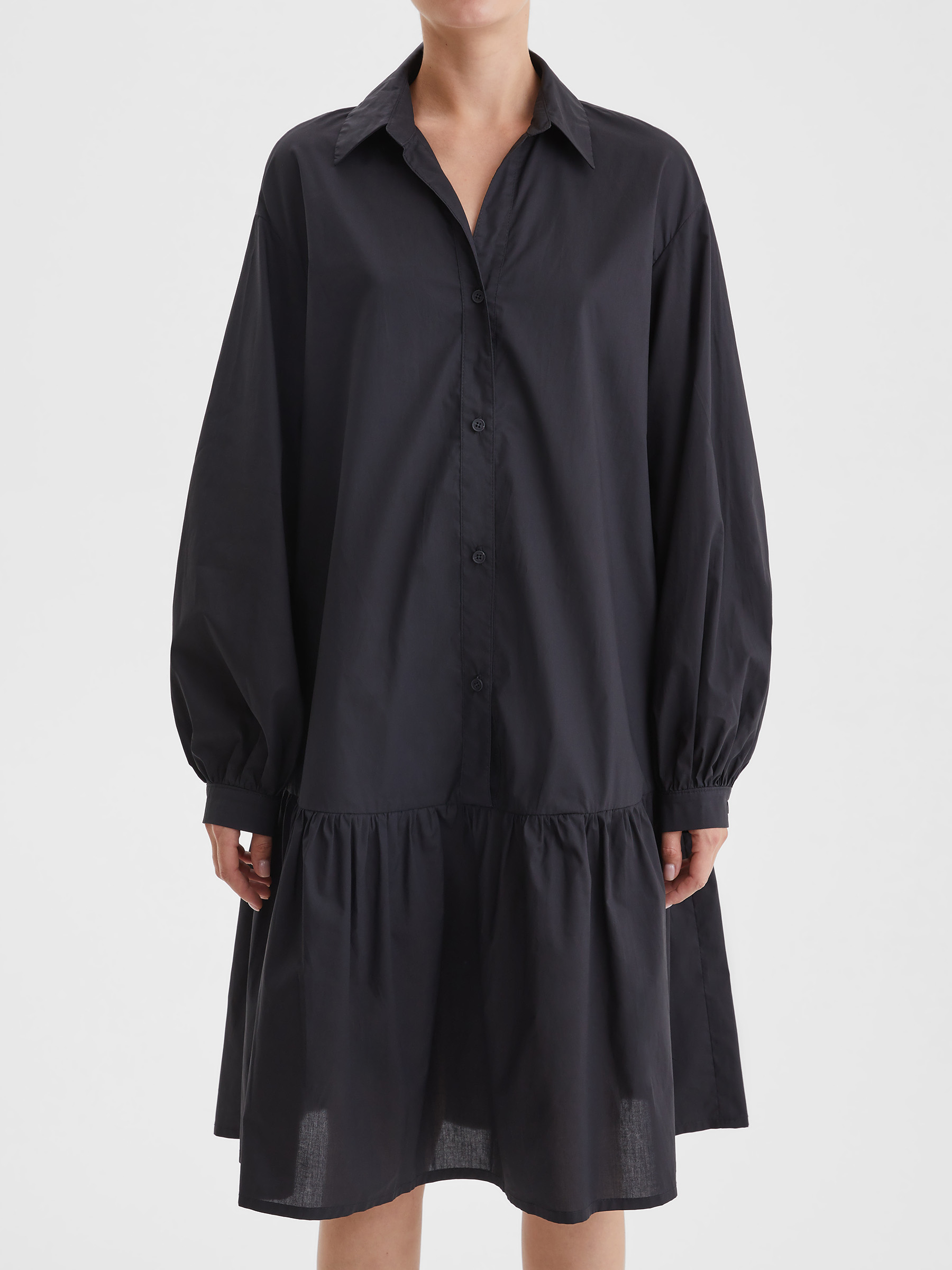 Платье-рубашка из хлопка с объемными рукавами M, черный - фото 3