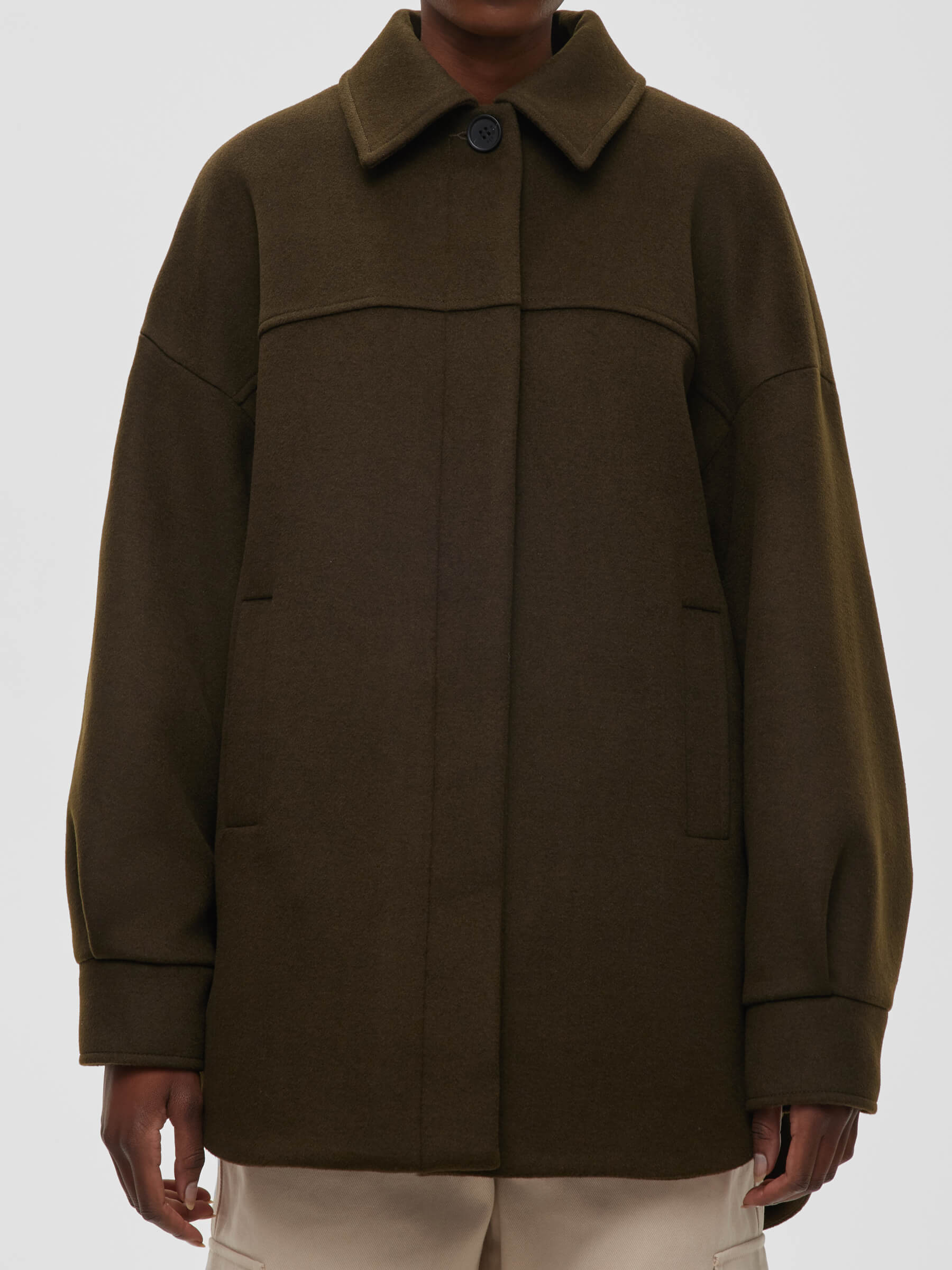 Пальто рубашечного кроя с потайной застежкой S/M, хаки - фото 5