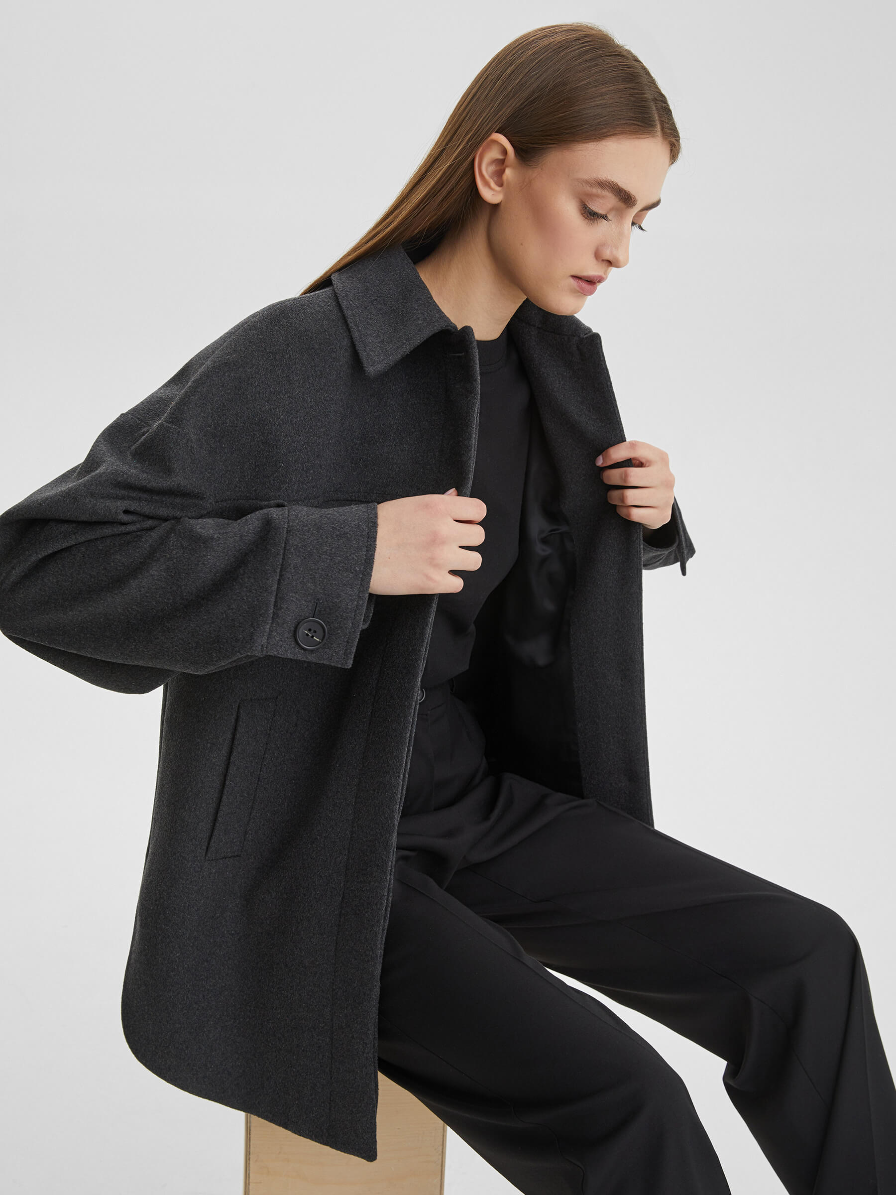 Пальто рубашечного кроя с потайной застежкой XS, тёмно-серый - фото 3