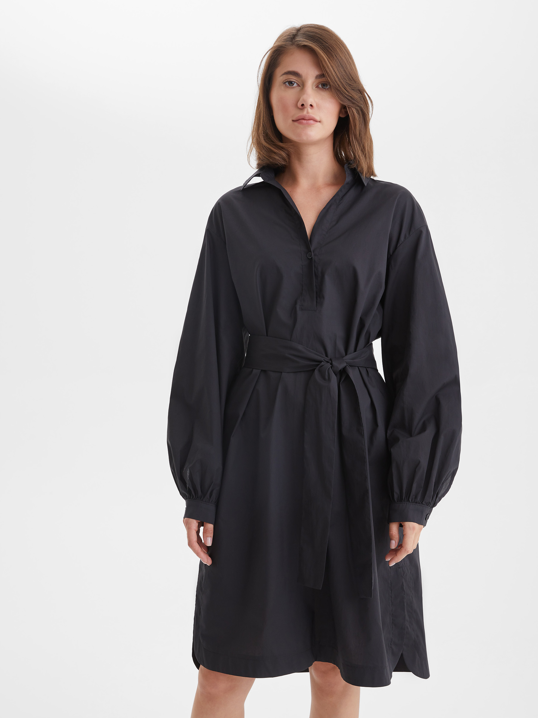 Платье-рубашка из хлопка с поясом XS, черный - фото 2