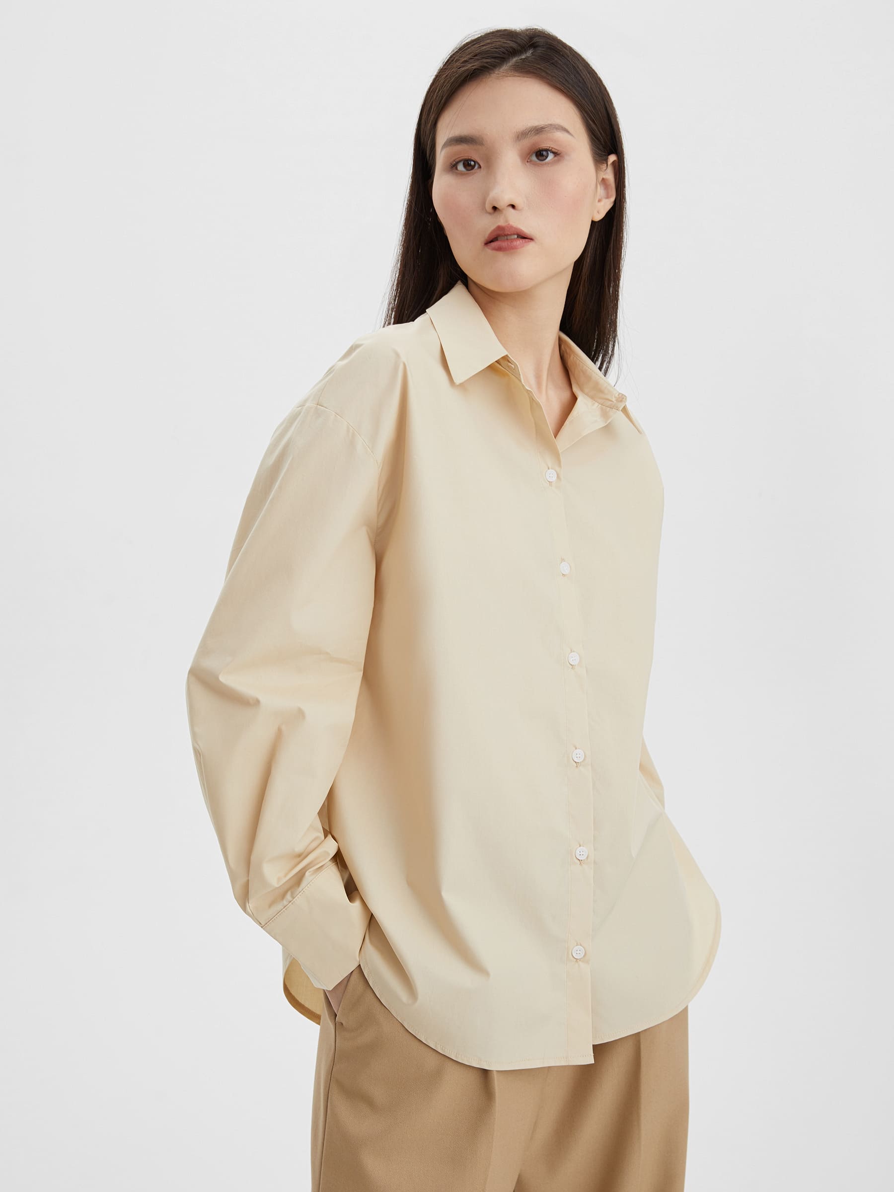 Рубашка женская свободная из хлопка, цвет – бежевый цена и фото