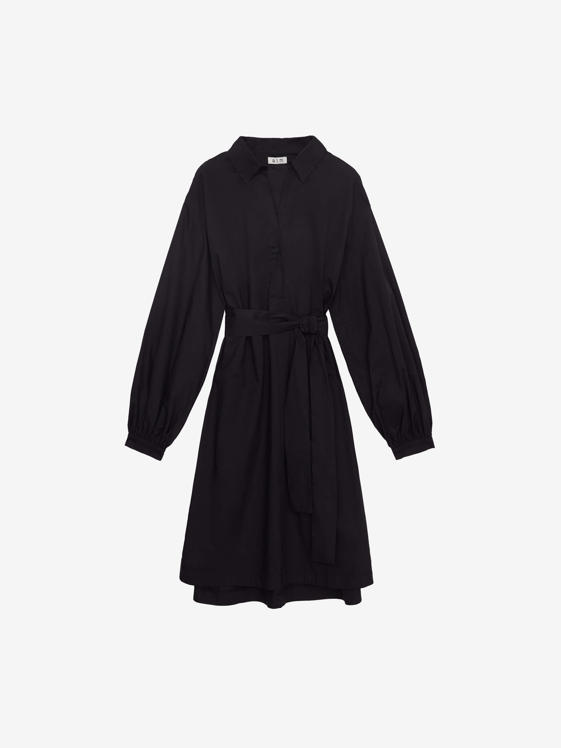 Платье-рубашка из хлопка с поясом XS, черный - фото 1
