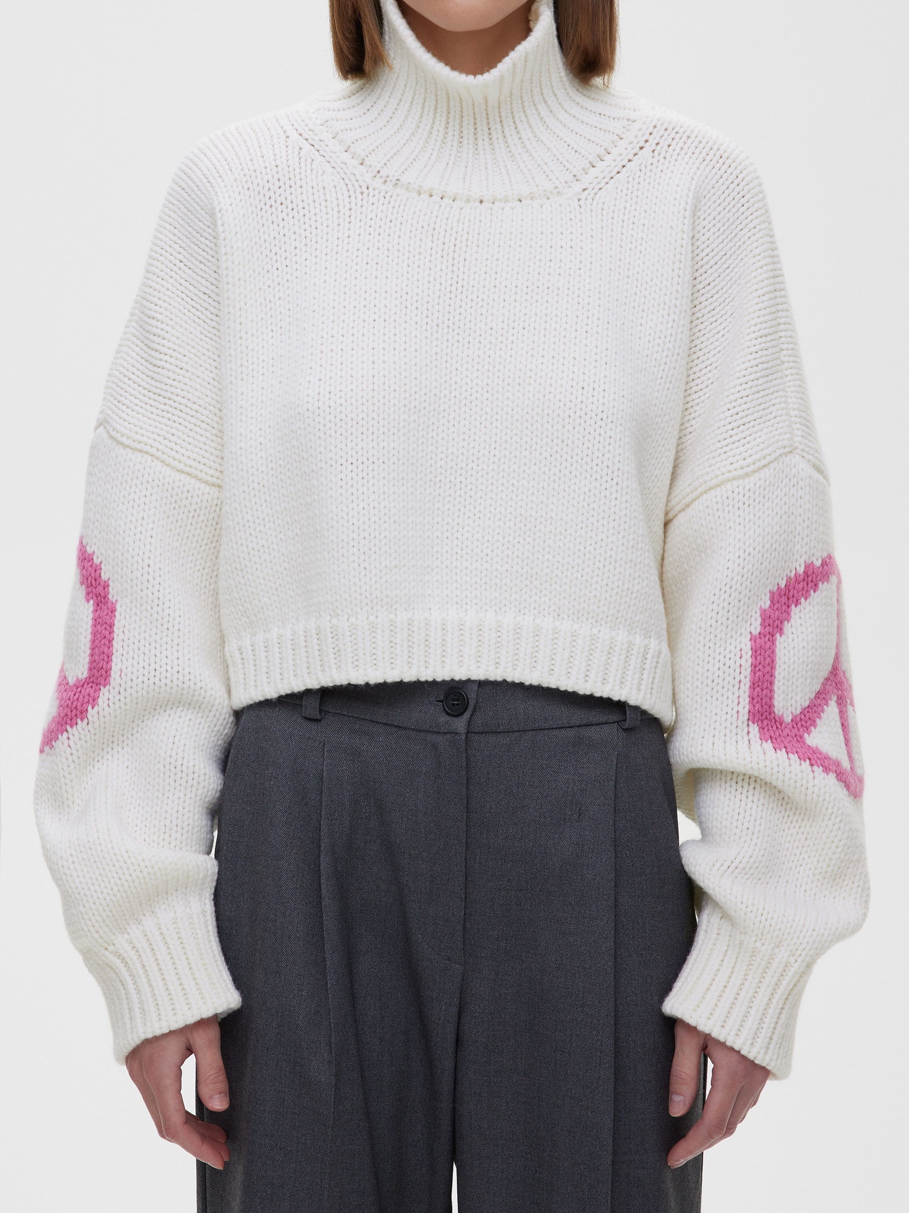 Кроп свитер с интарсией пацифик, бело-розовый - фото 4