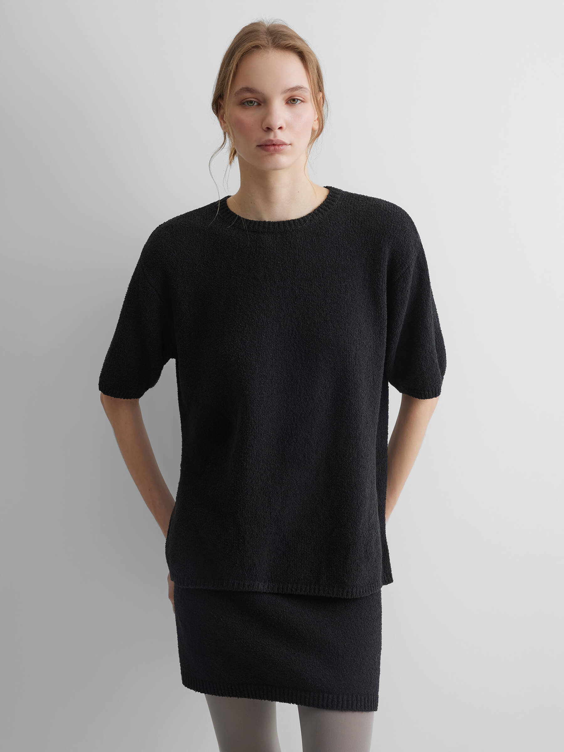 Джемпер с коротким рукавом из хлопка букле XS/S, черный