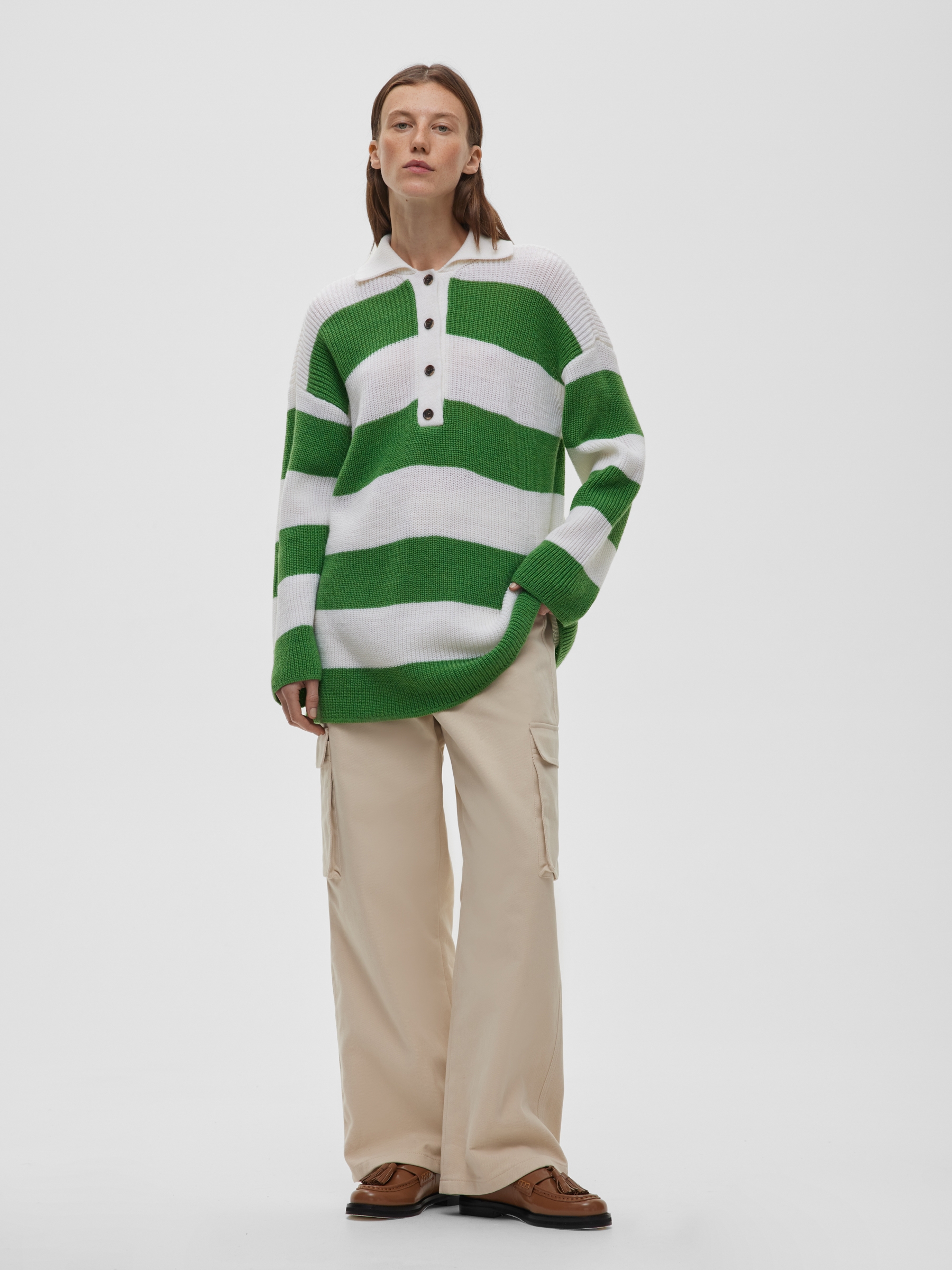 Джемпер регби с полосками удлиненный, зелено-белый - фото 1