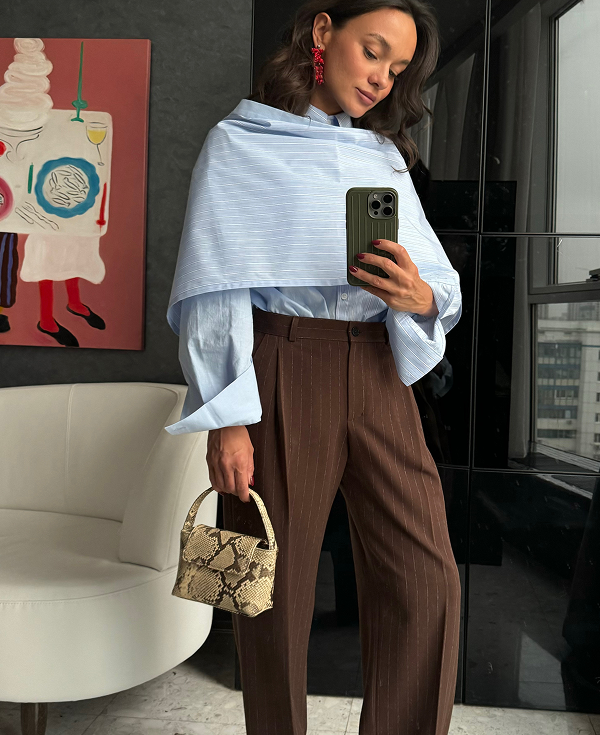 Брюки свободного кроя в полоску 0185, коричневый