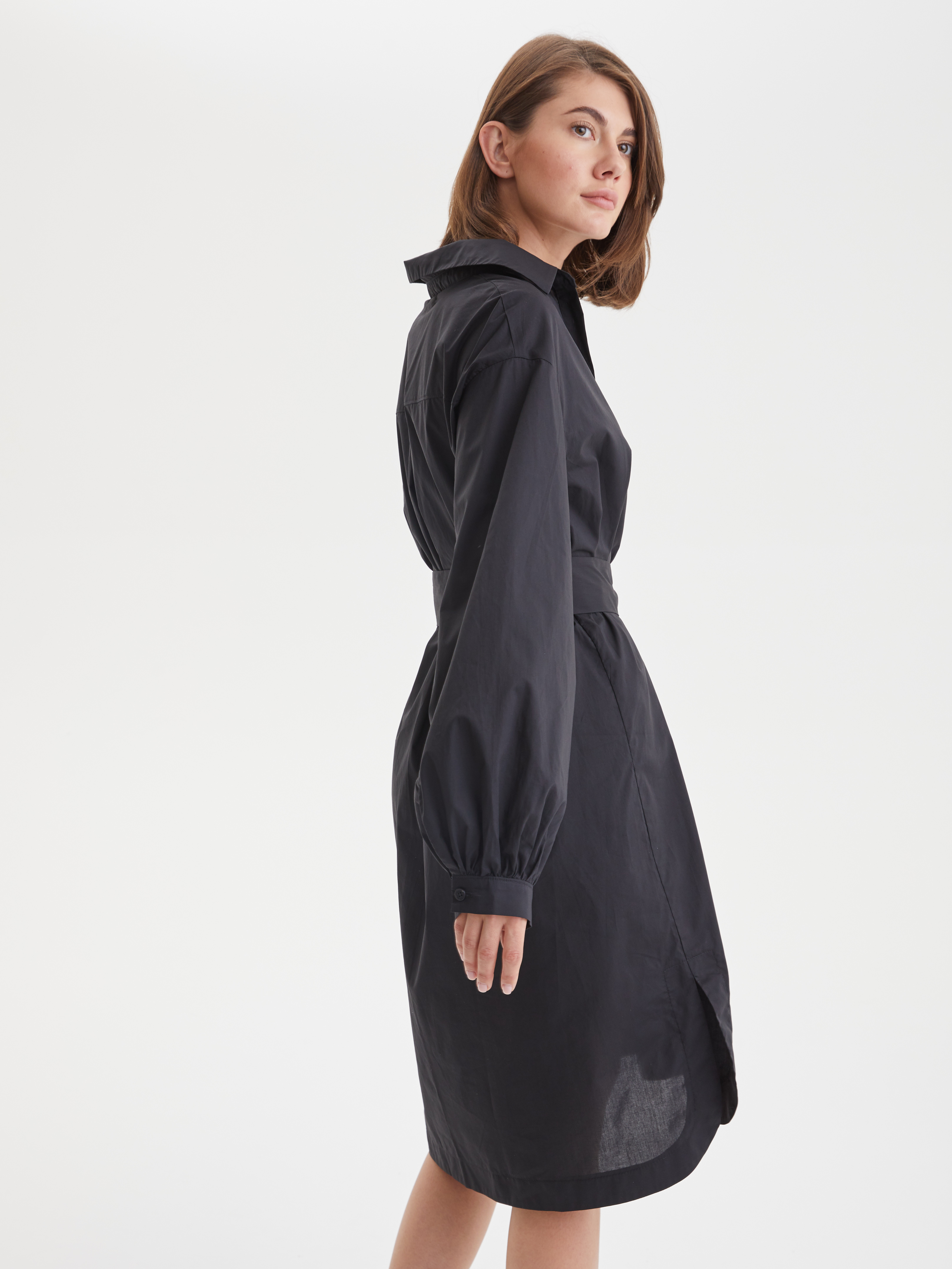 Платье-рубашка из хлопка с поясом XS, черный - фото 5