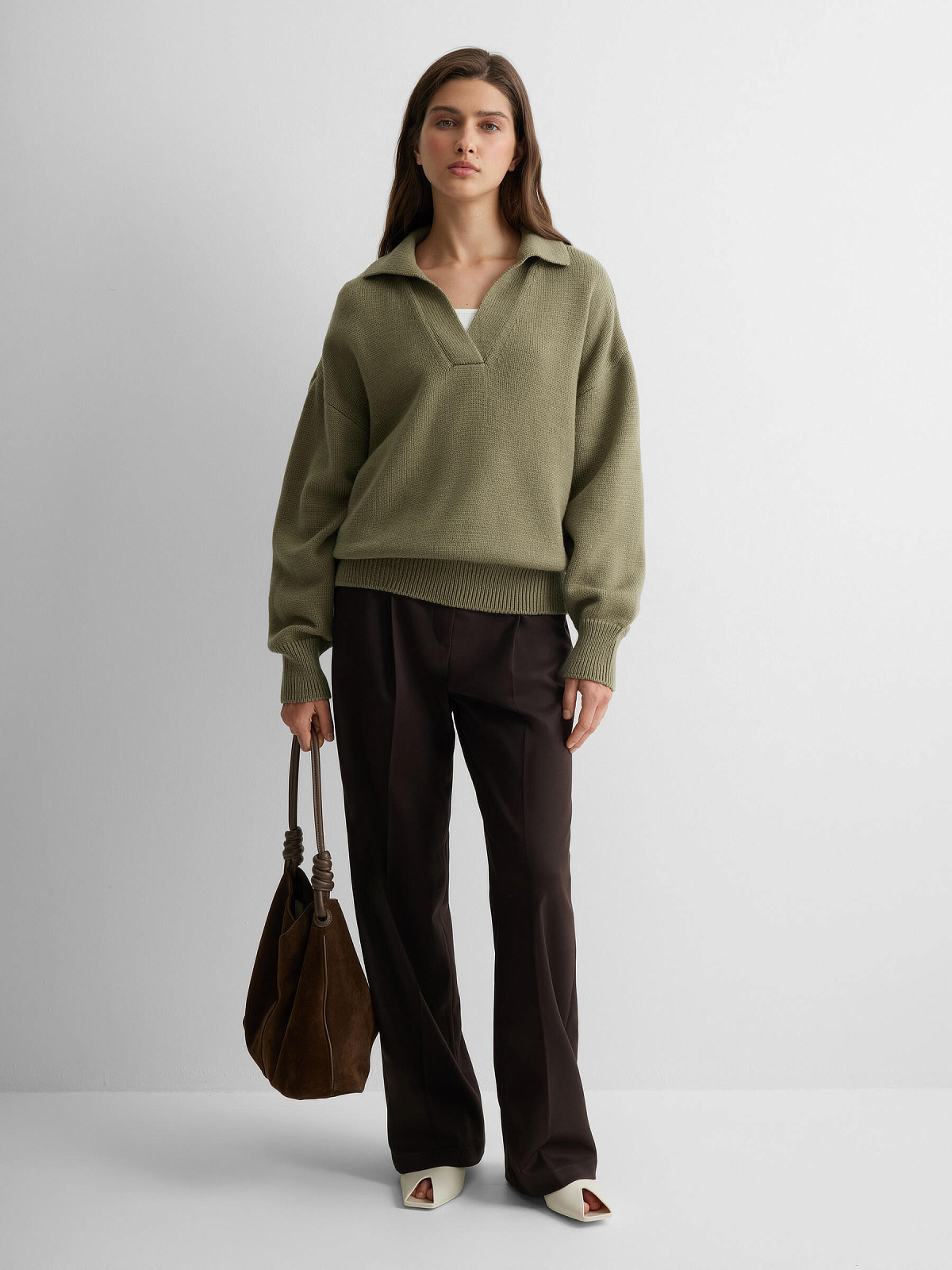 Джемпер-поло свободного кроя, светлый хаки