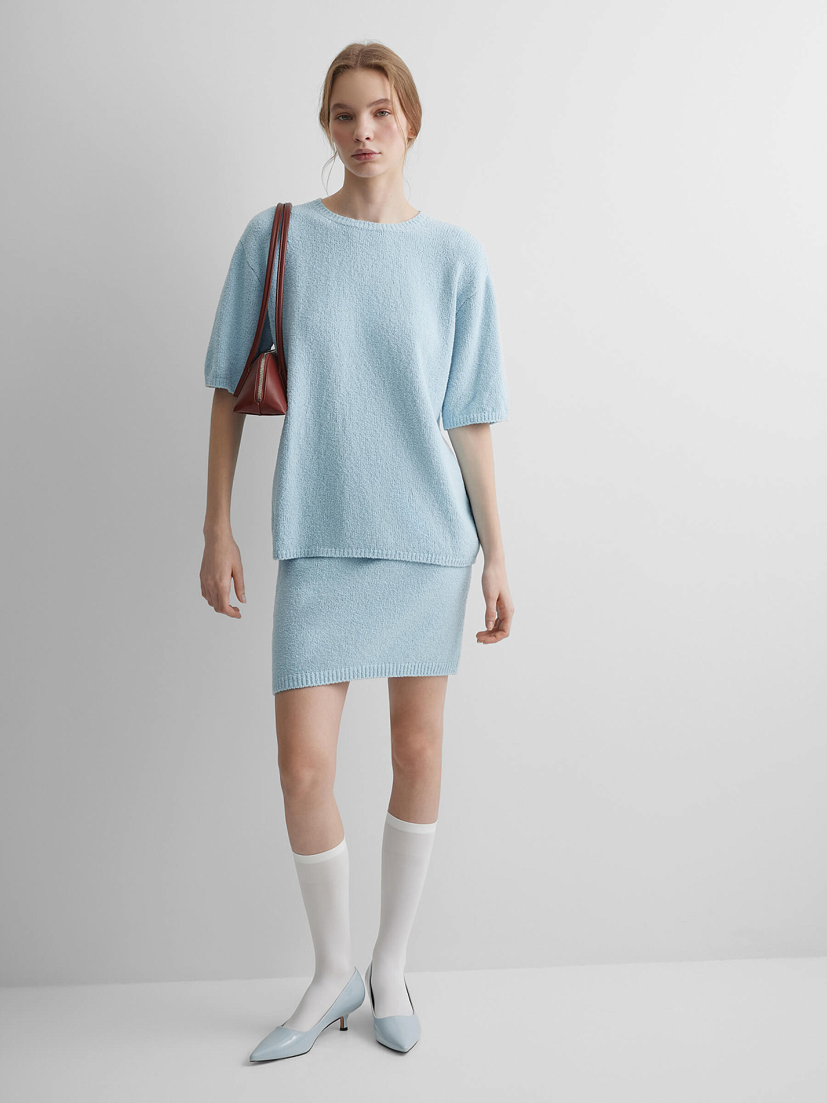 Юбка-мини из хлопка букле, светло-голубой