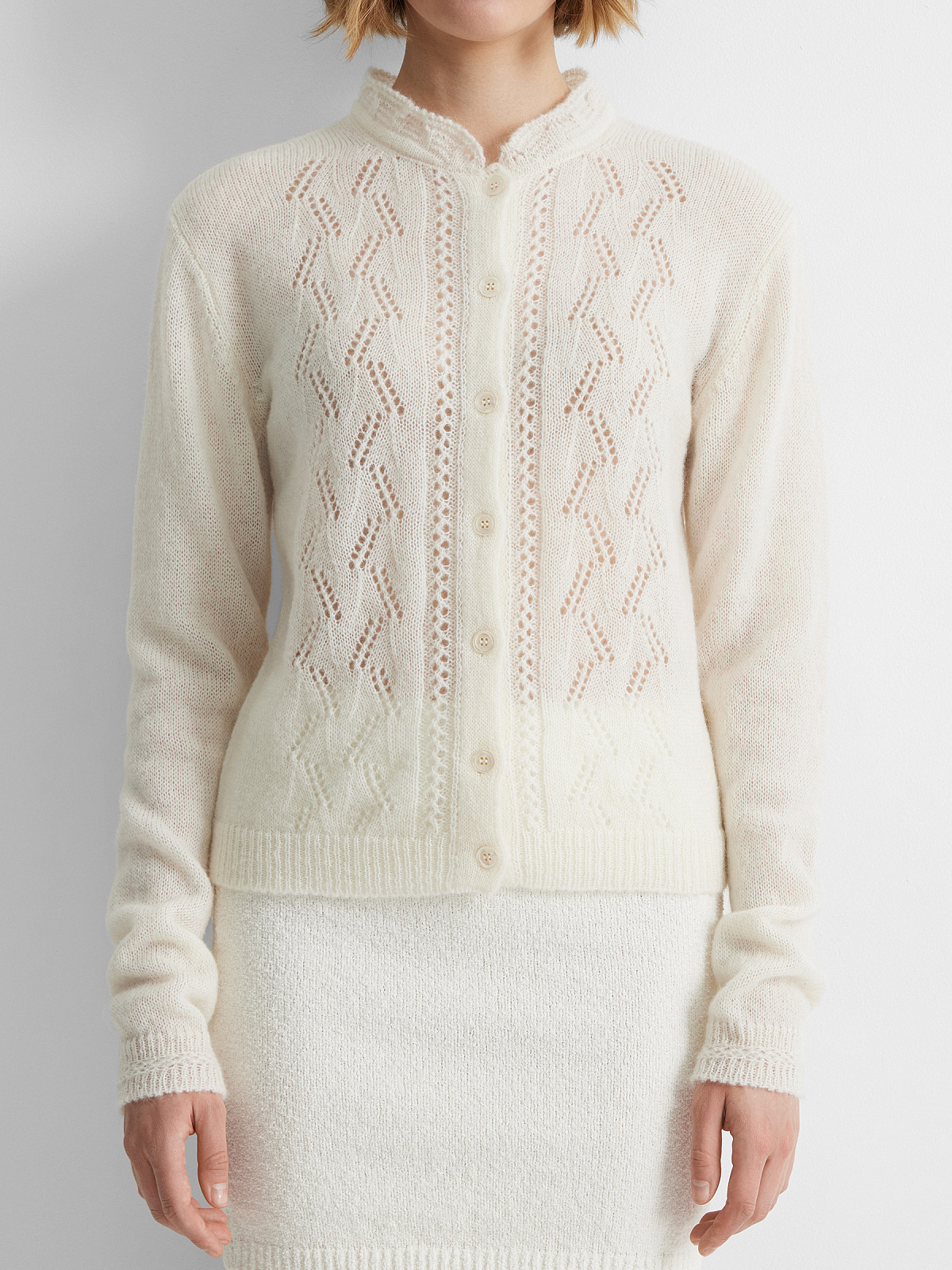 Кардиган из мохера с ажуром, молочный, фото 4