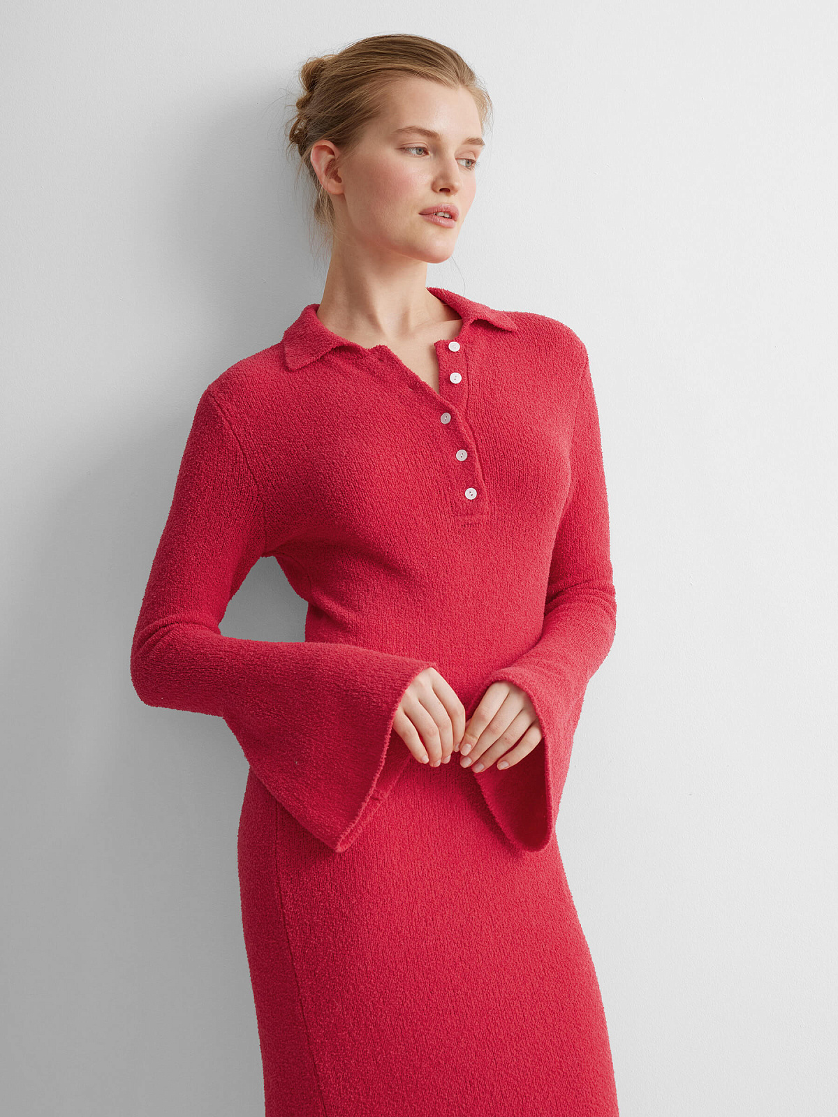 Платье поло с длинным рукавом из хлопка букле, красный