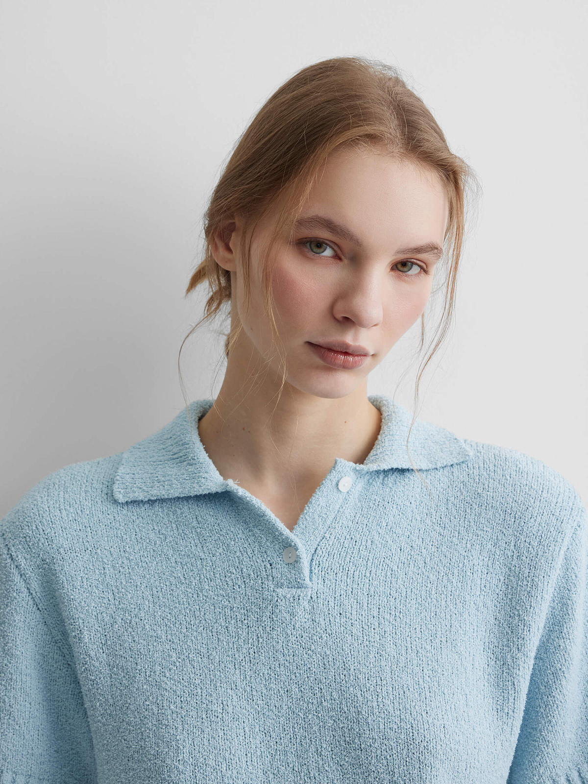 Поло с коротким рукавом из хлопка букле, светло-голубой