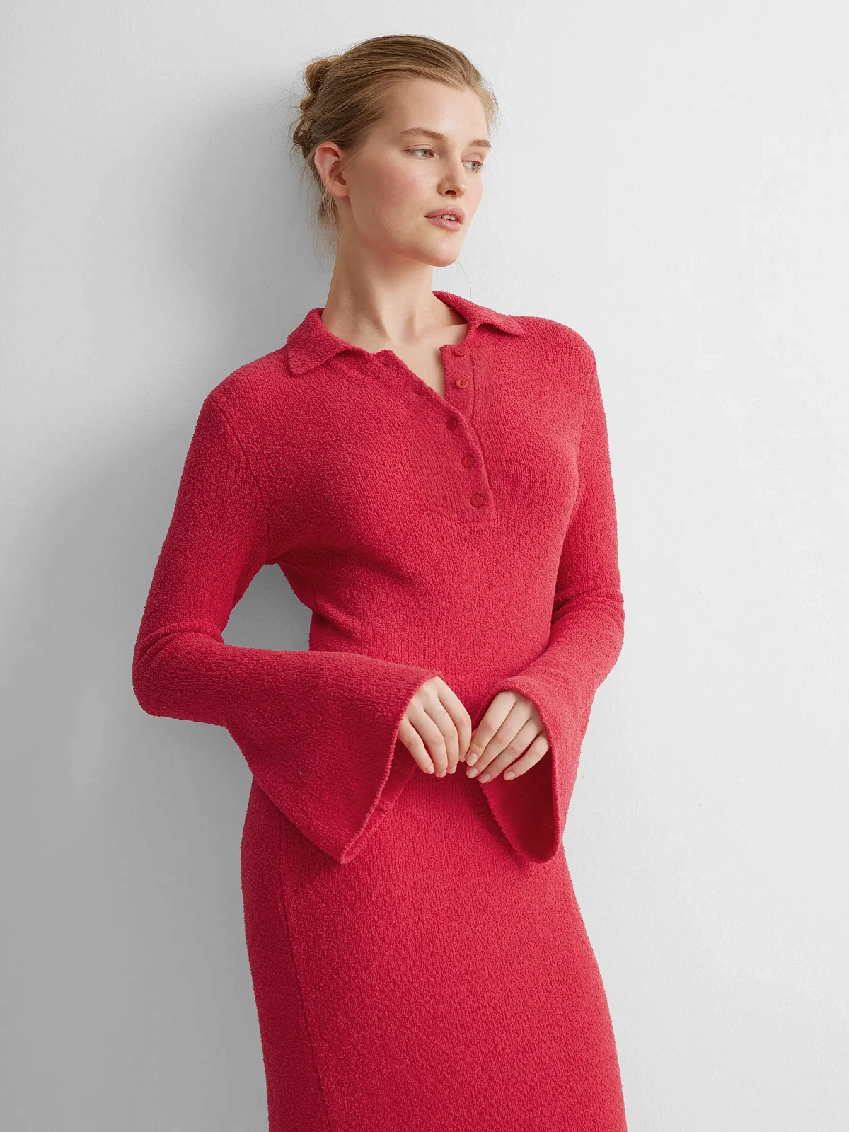 Платье поло с длинным рукавом из хлопка букле, красный, фото 6