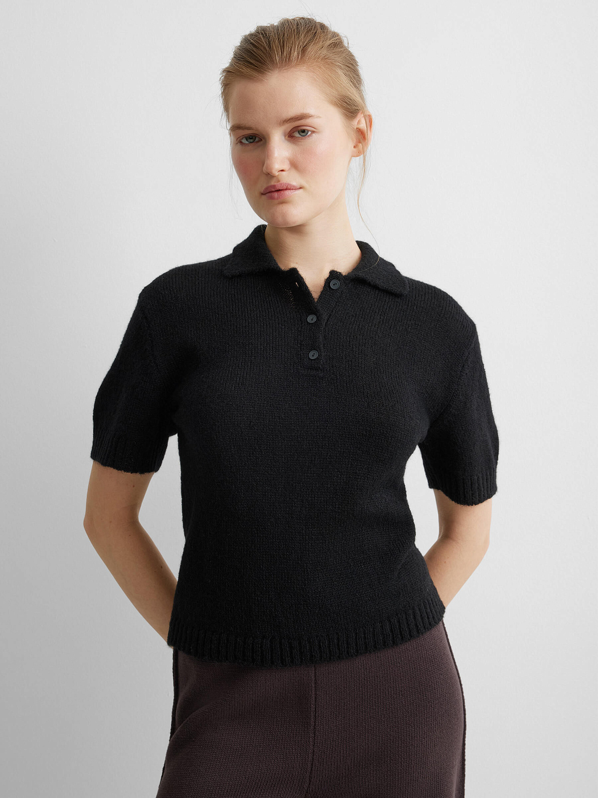 Поло с коротким рукавом из мохера, черный