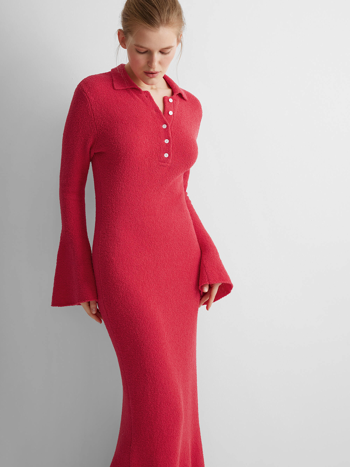 Платье поло с длинным рукавом из хлопка букле, красный