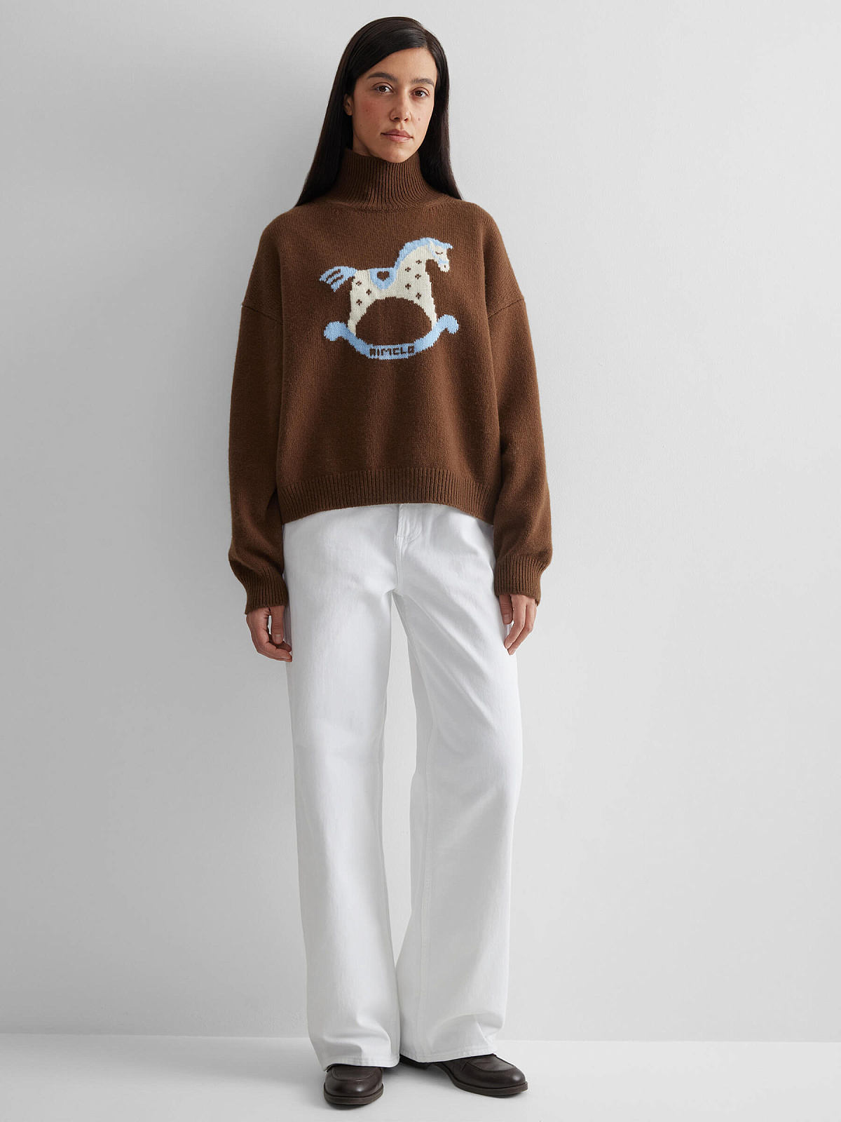 Свитер с интарсией лошадка, коричневый