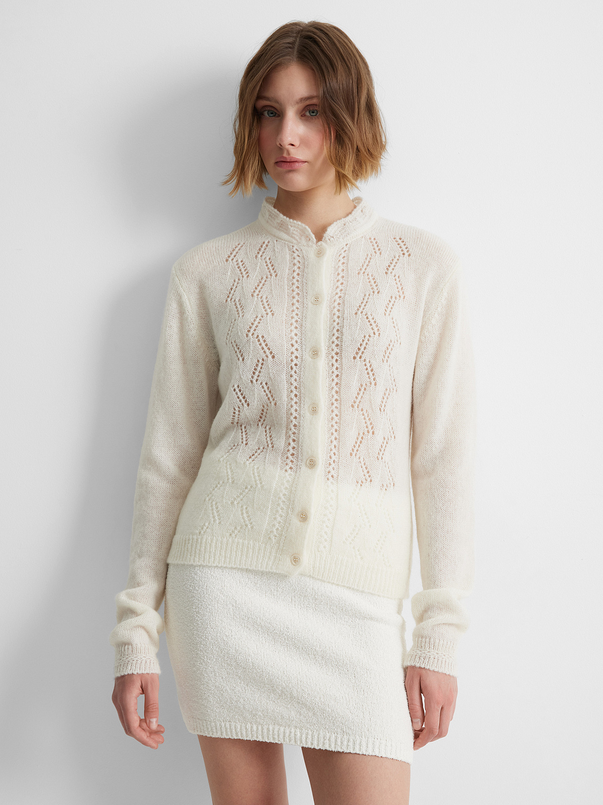 Кардиган из мохера с ажуром, молочный, фото 2