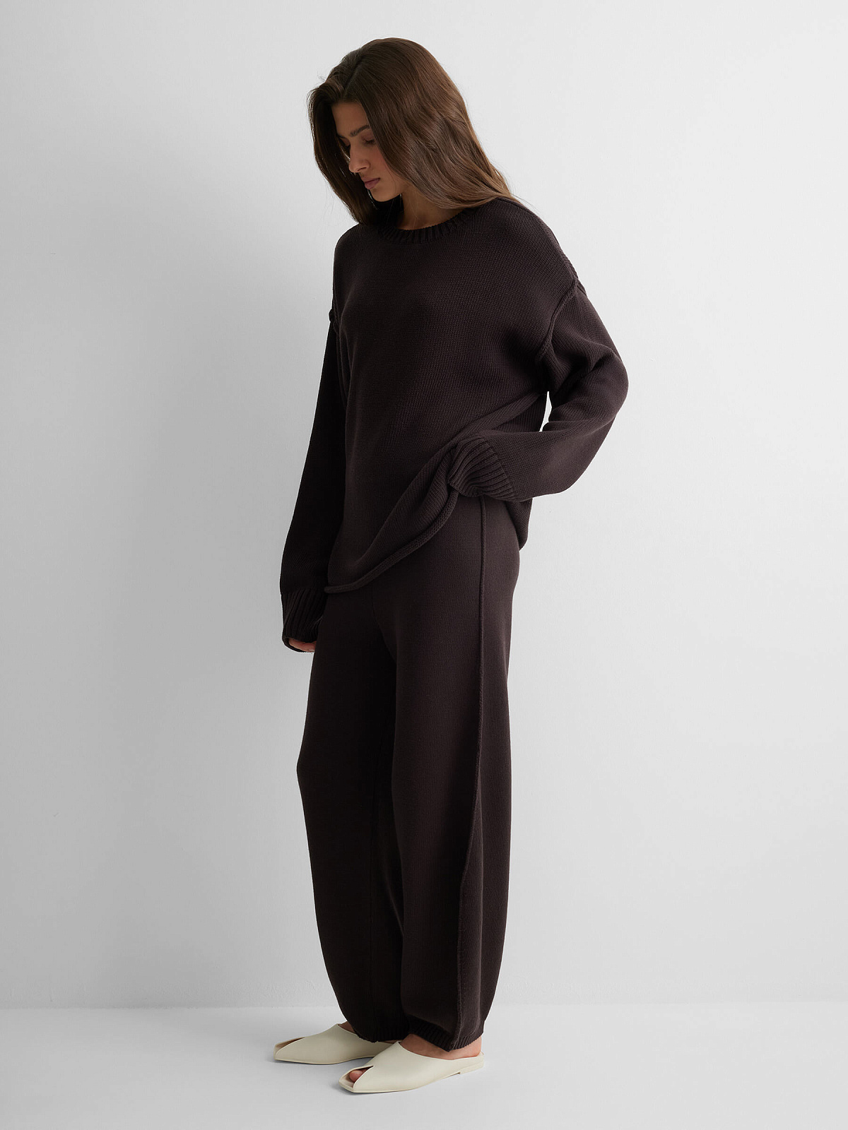 Брюки объемные из 100% хлопка, коричневый