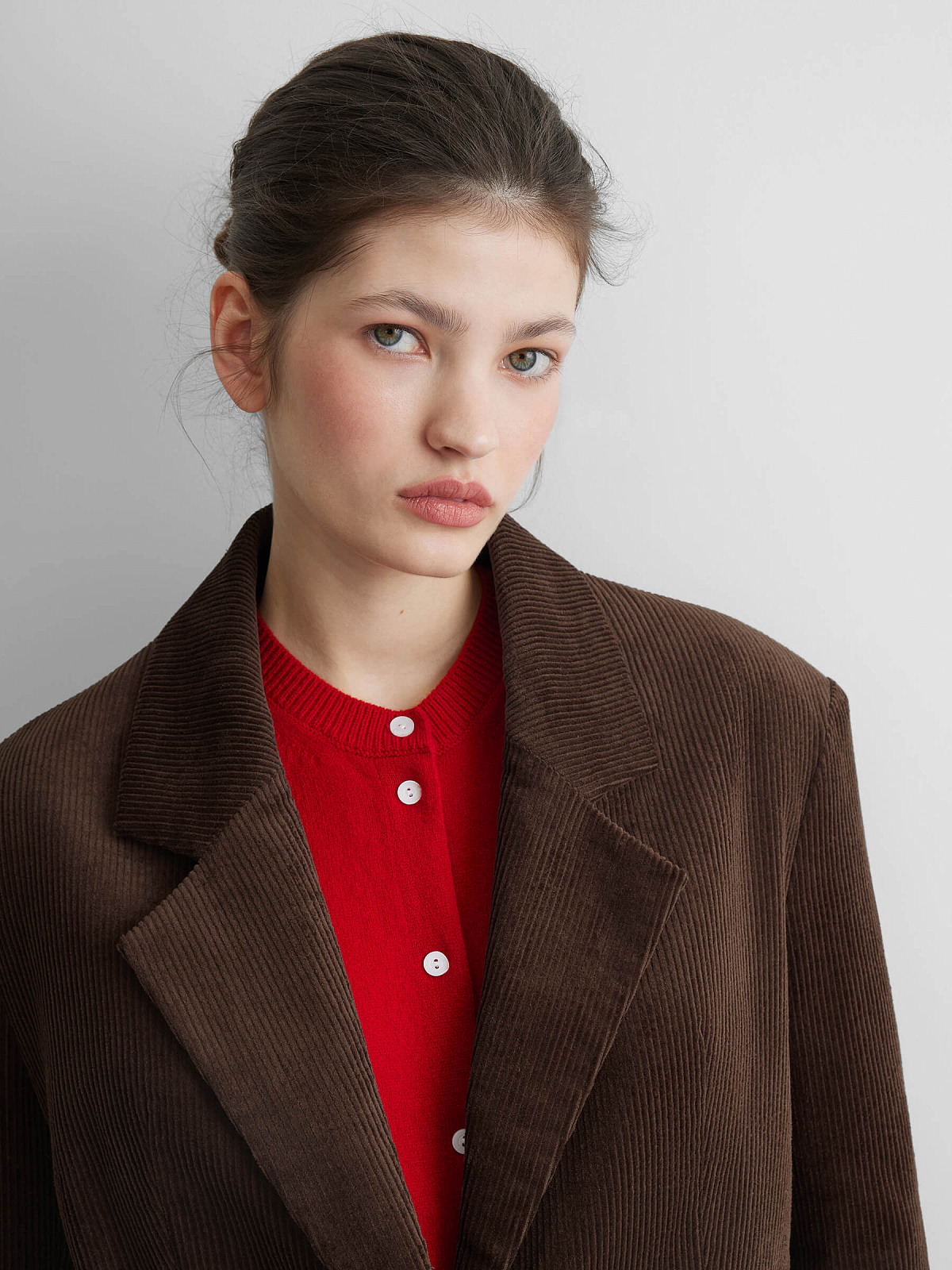 Жакет однобортный из вельвета 0211, коричневый