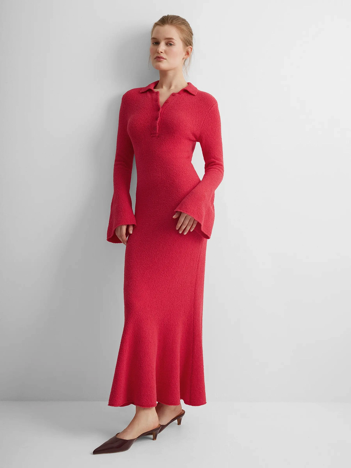 Платье поло с длинным рукавом из хлопка букле, красный, фото 3