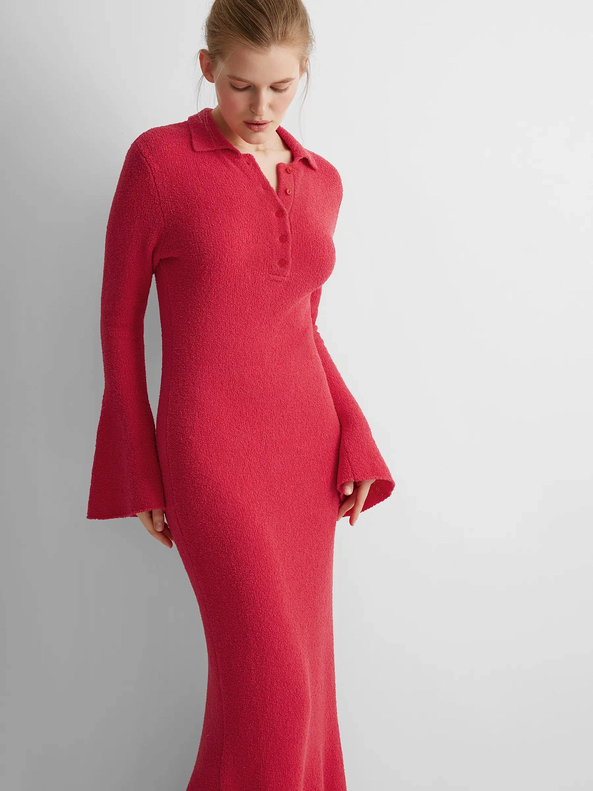 Платье поло с длинным рукавом из хлопка букле, красный, фото 5