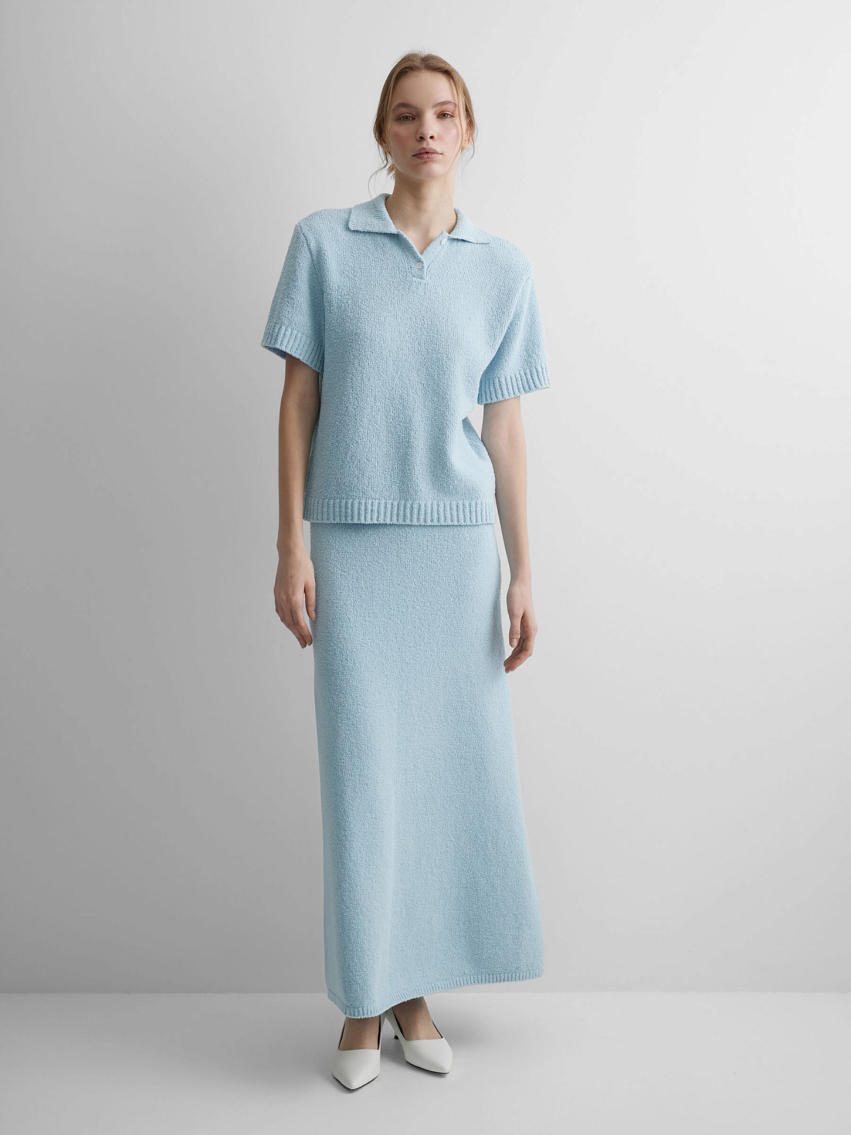 Поло с коротким рукавом из хлопка букле, светло-голубой
