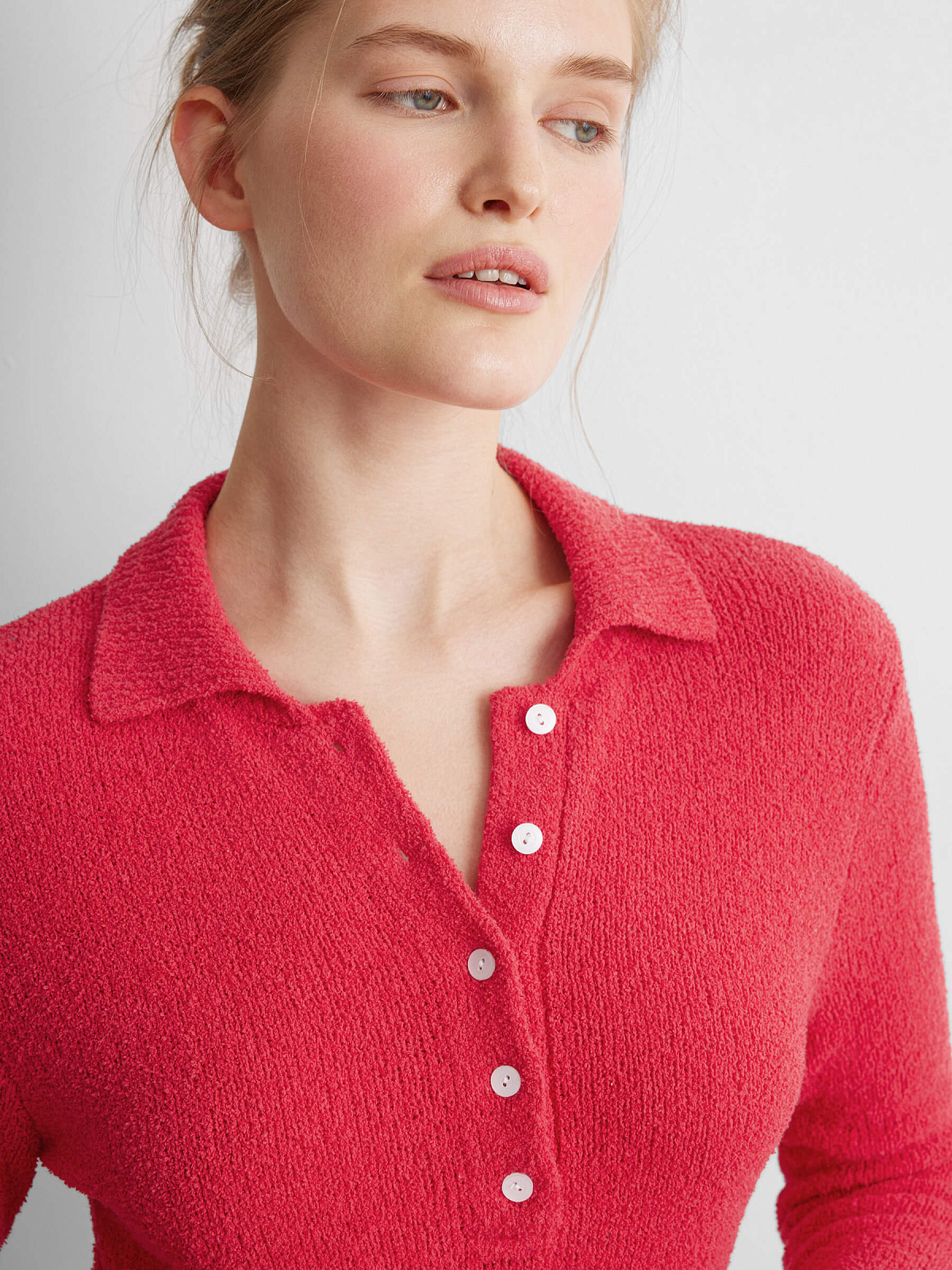 Платье поло с длинным рукавом из хлопка букле, красный