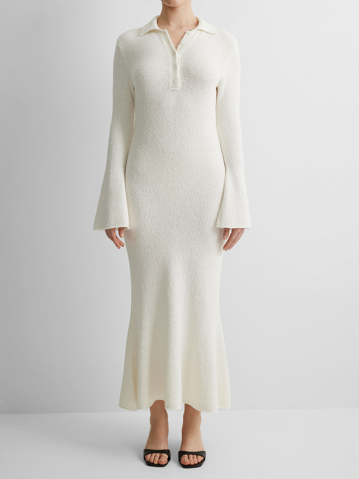 Платье поло с длинным рукавом из хлопка букле, белый