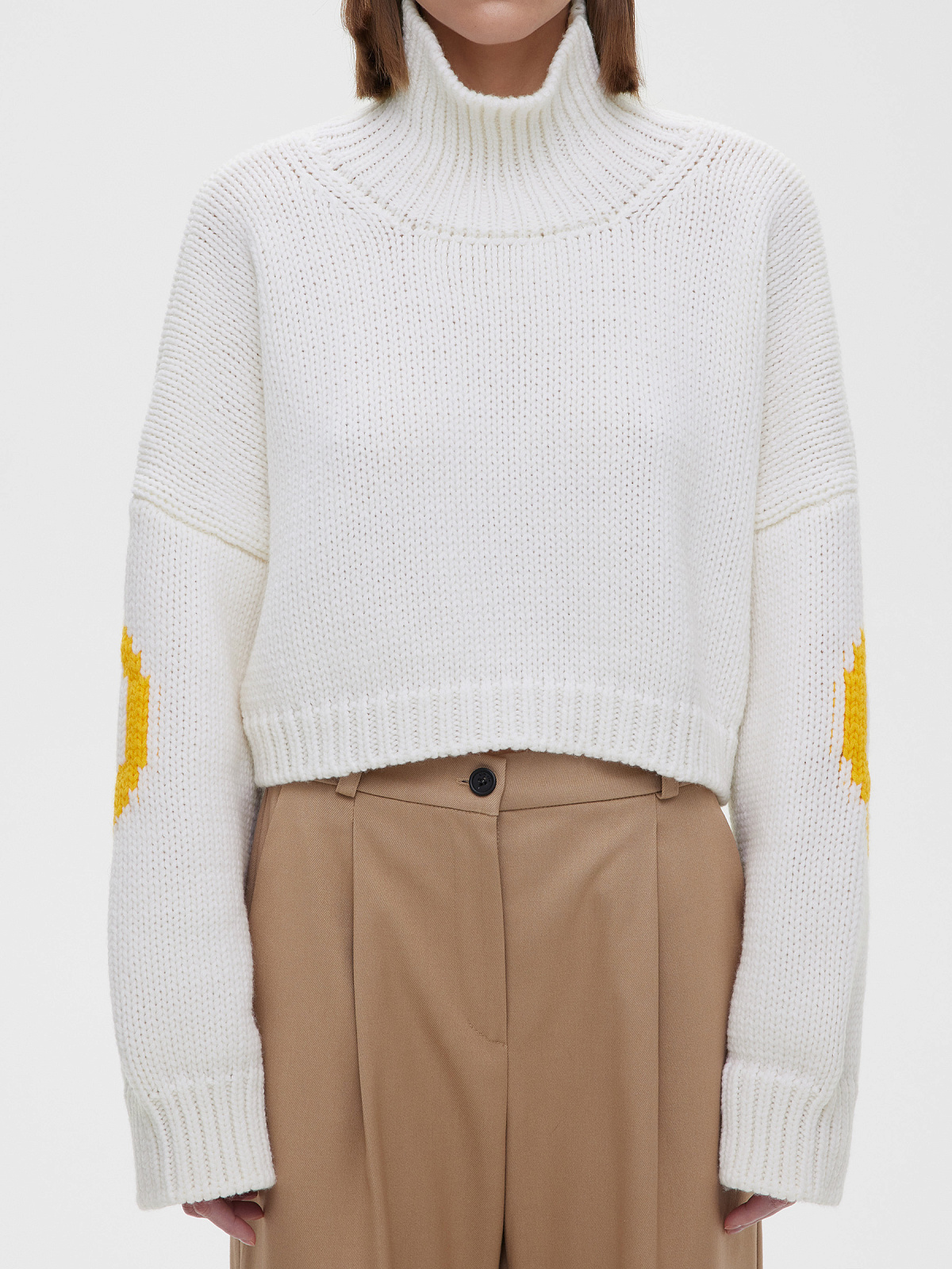 Кроп свитер с интарсией пацифик, бело-желтый