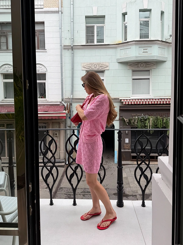 Кардиган из хлопка ажурный, розовый, фото 1