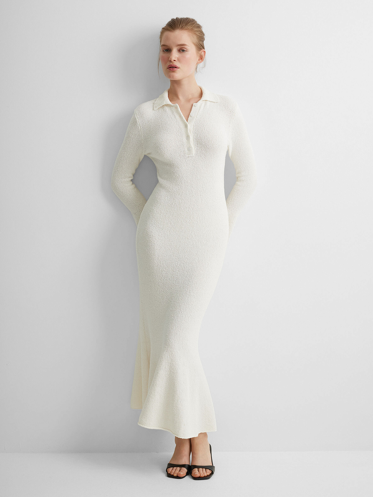 Платье поло с длинным рукавом из хлопка букле, белый