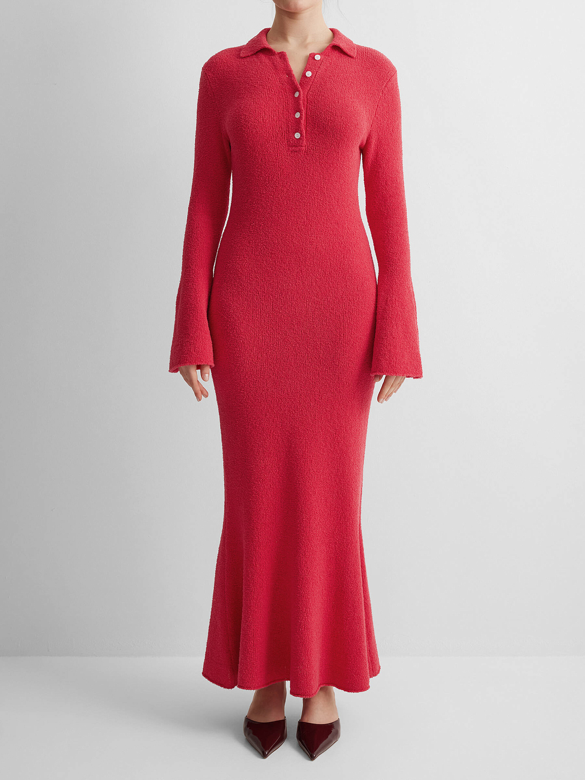 Платье поло с длинным рукавом из хлопка букле, красный