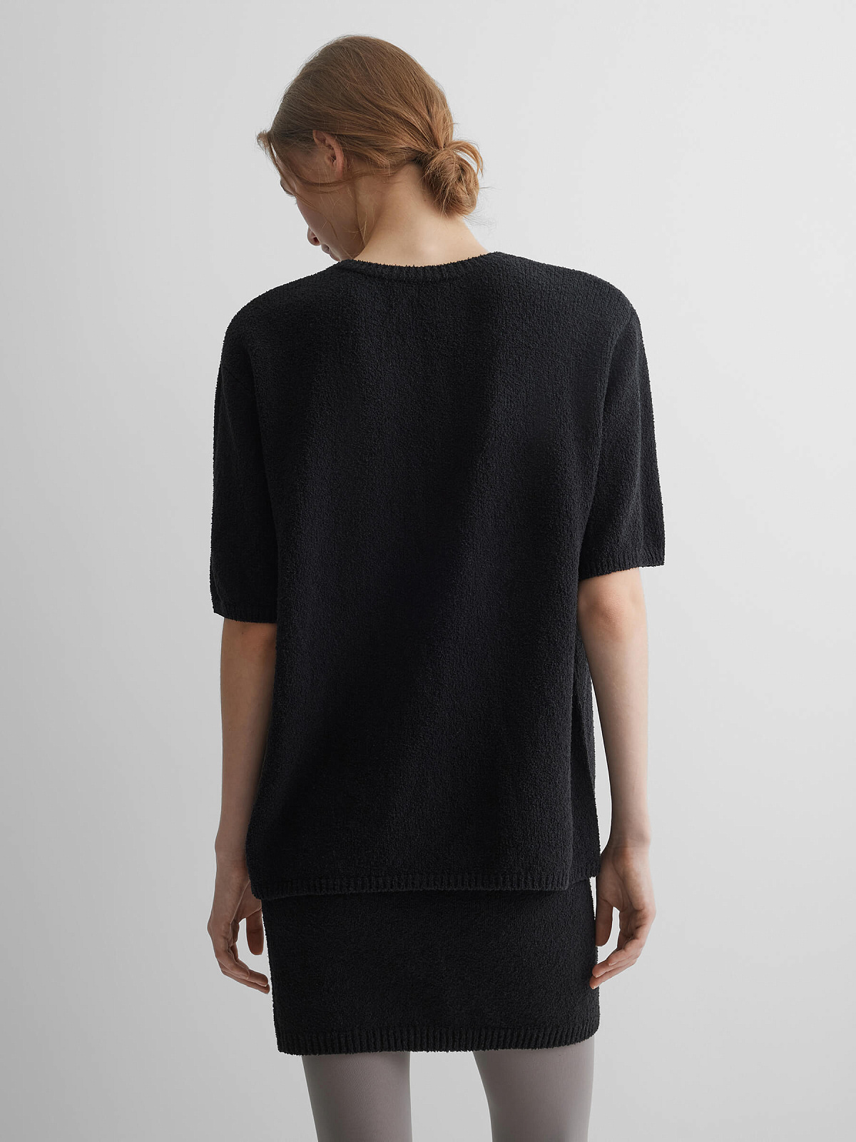 Джемпер с коротким рукавом из хлопка букле, черный