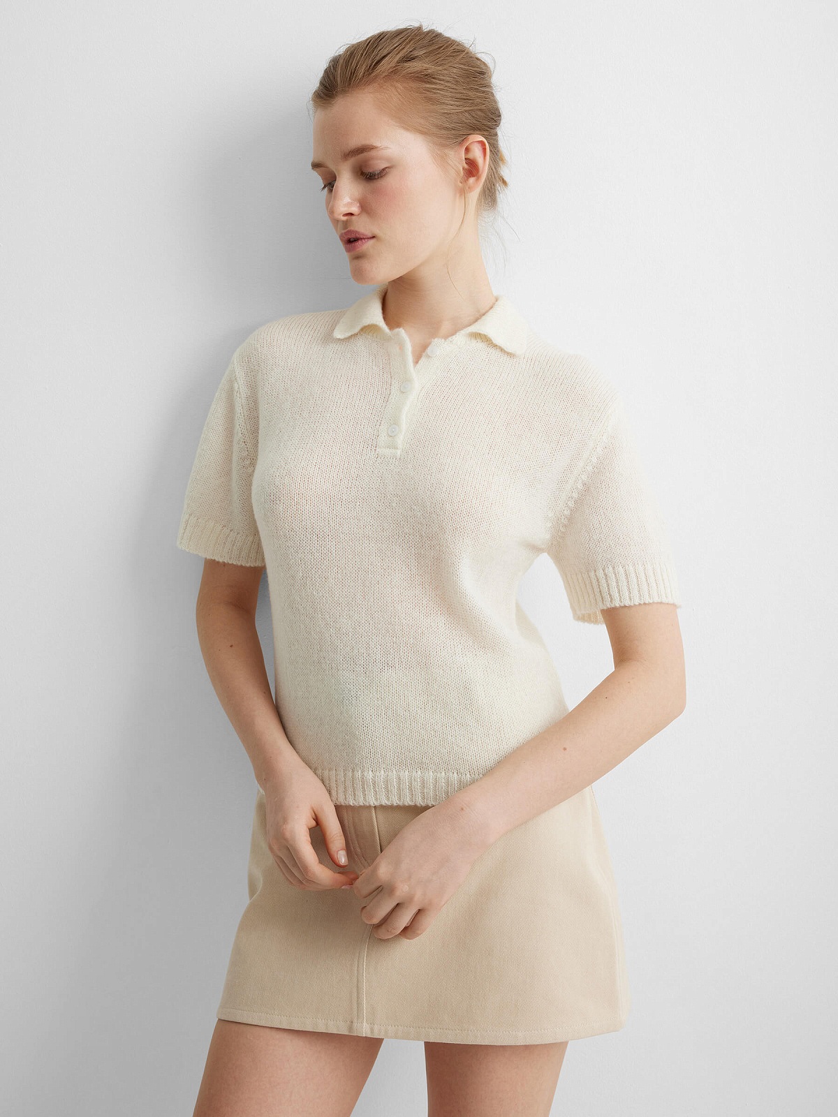 Поло с коротким рукавом из мохера, молочный