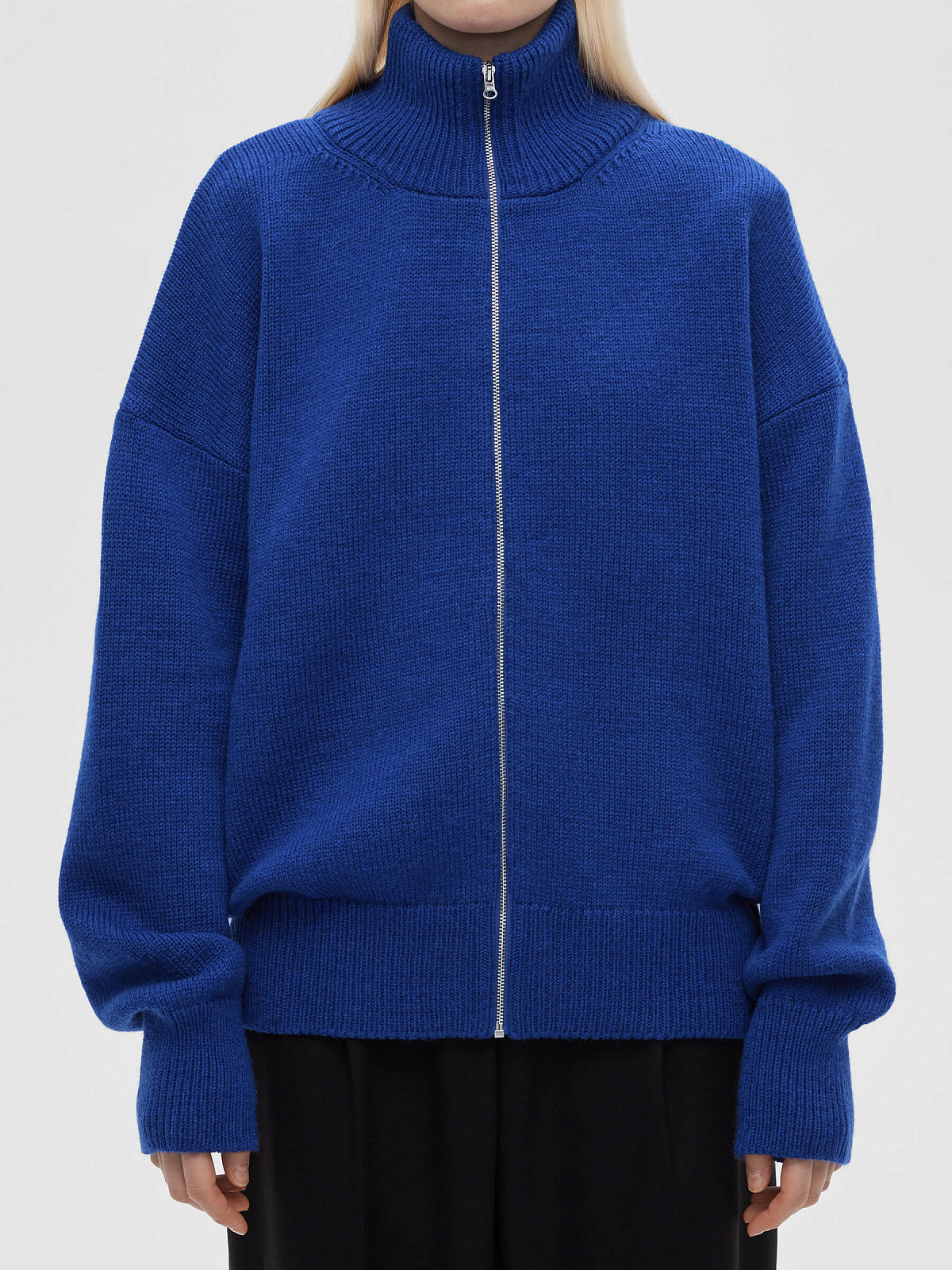 Свитер свободного кроя с разъемным замком, синий