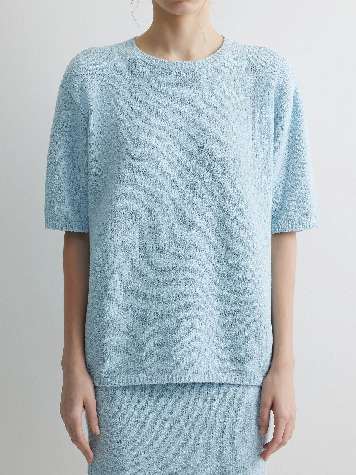 Джемпер с коротким рукавом из хлопка букле, светло-голубой