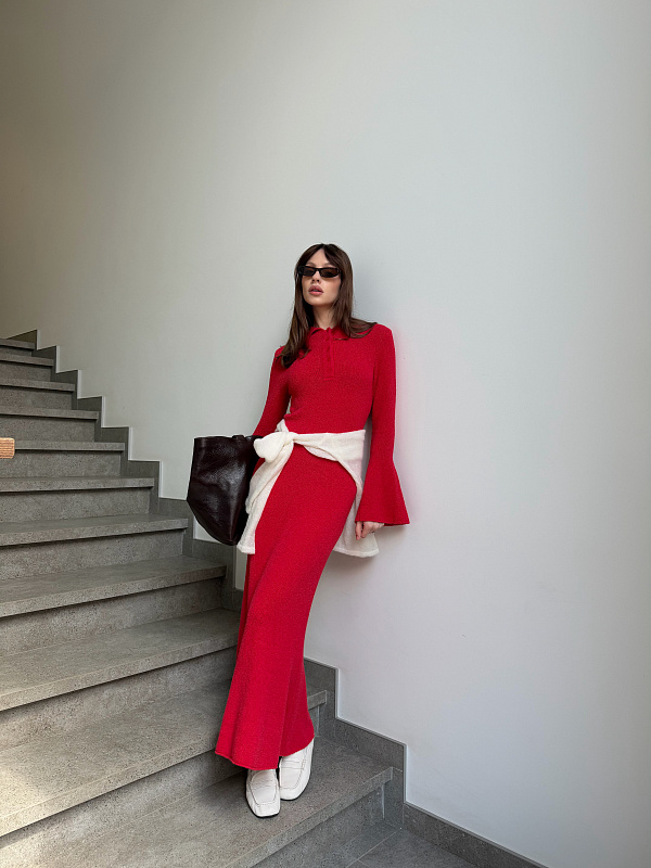 Платье поло с длинным рукавом из хлопка букле, красный, фото 1