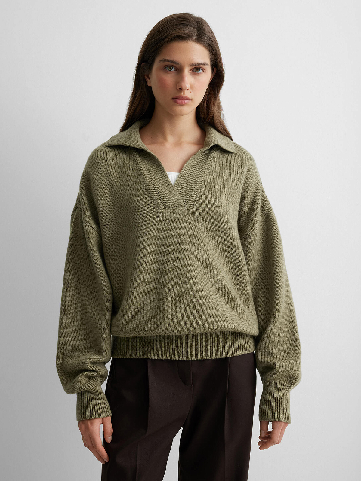 Джемпер-поло свободного кроя, светлый хаки