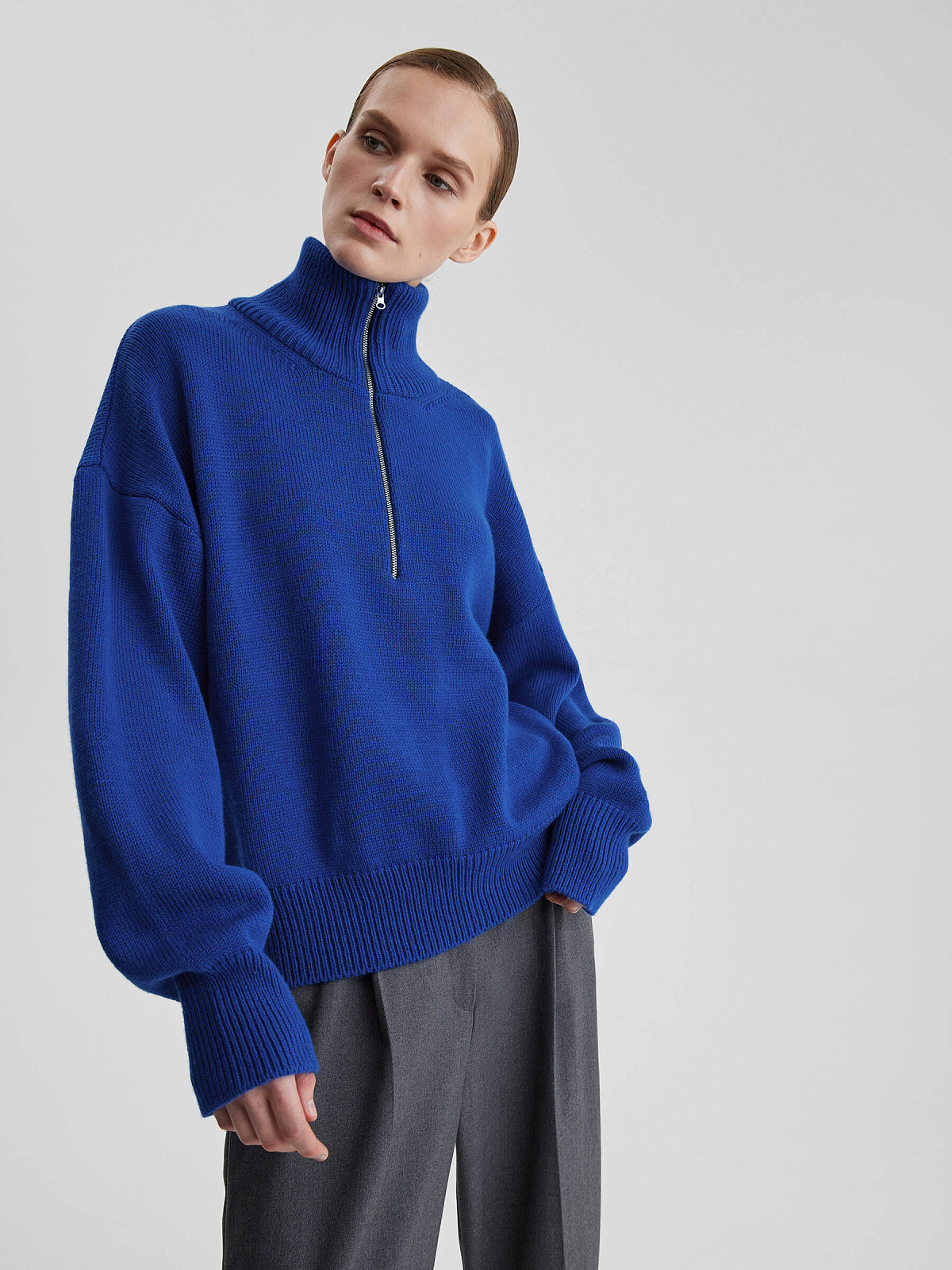 Свитер свободного кроя с замком, синий