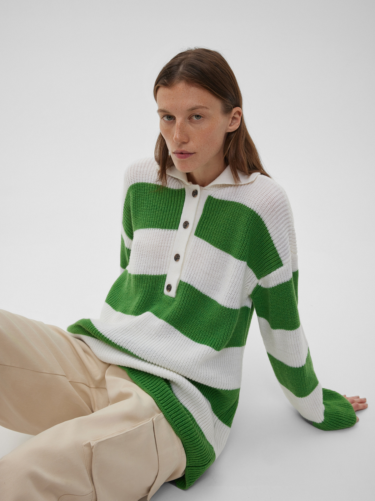 Джемпер регби с полосками удлиненный, зелено-белый