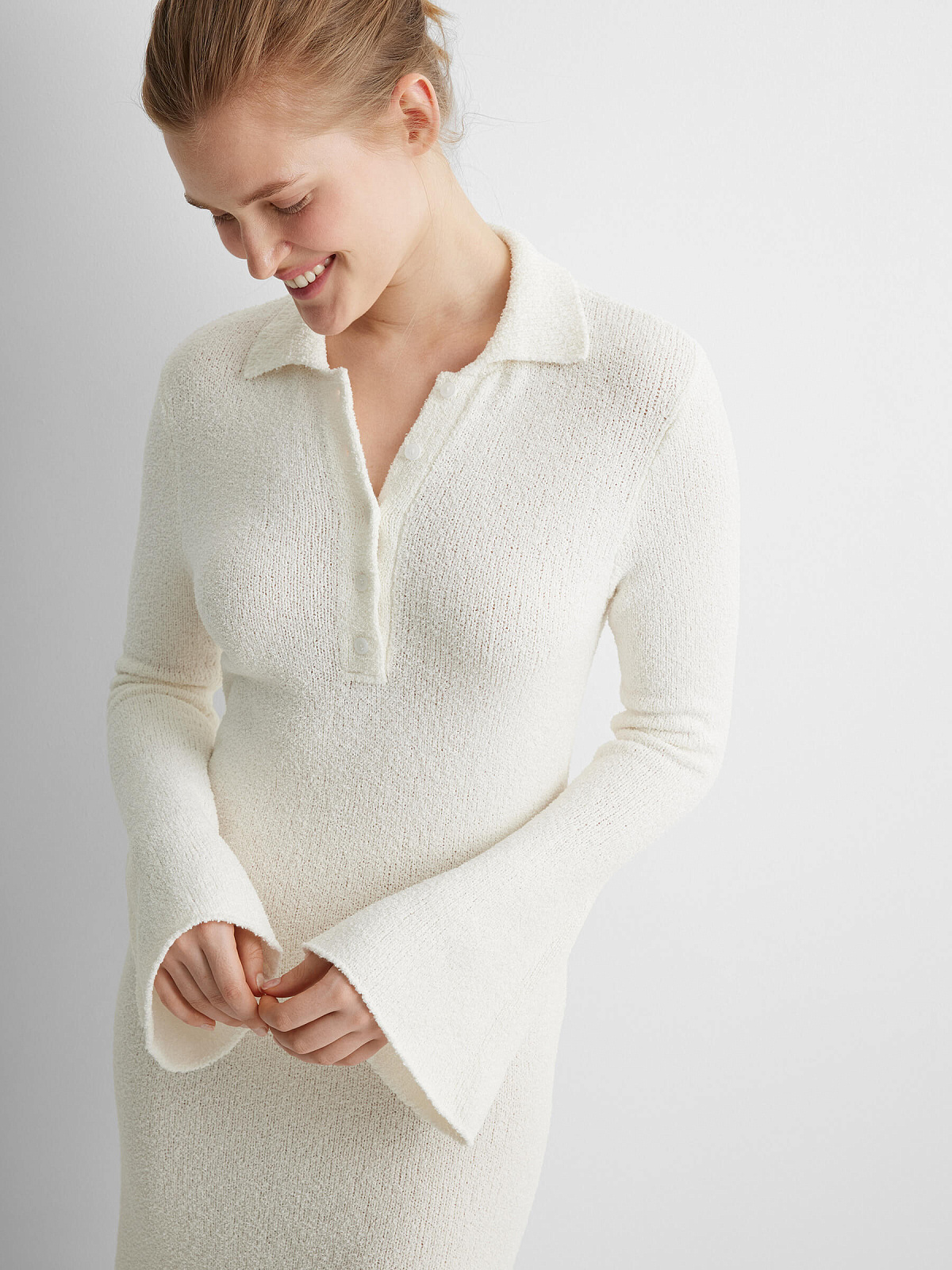 Платье поло с длинным рукавом из хлопка букле, белый