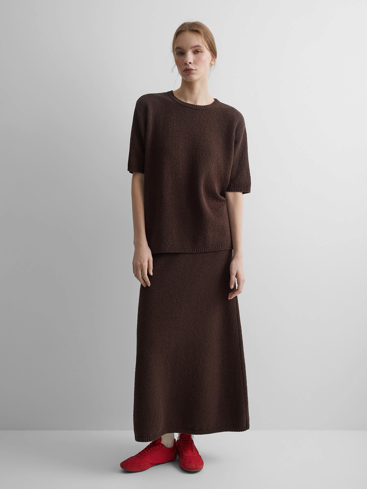 Джемпер с коротким рукавом из хлопка букле, коричневый