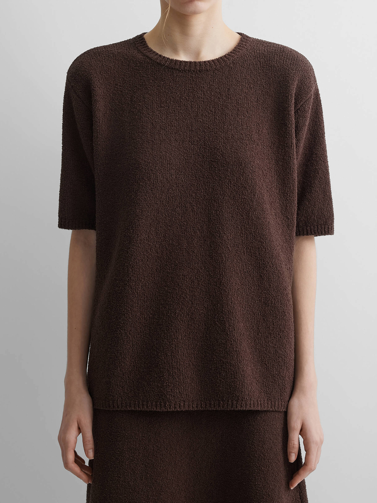 Джемпер с коротким рукавом из хлопка букле, коричневый