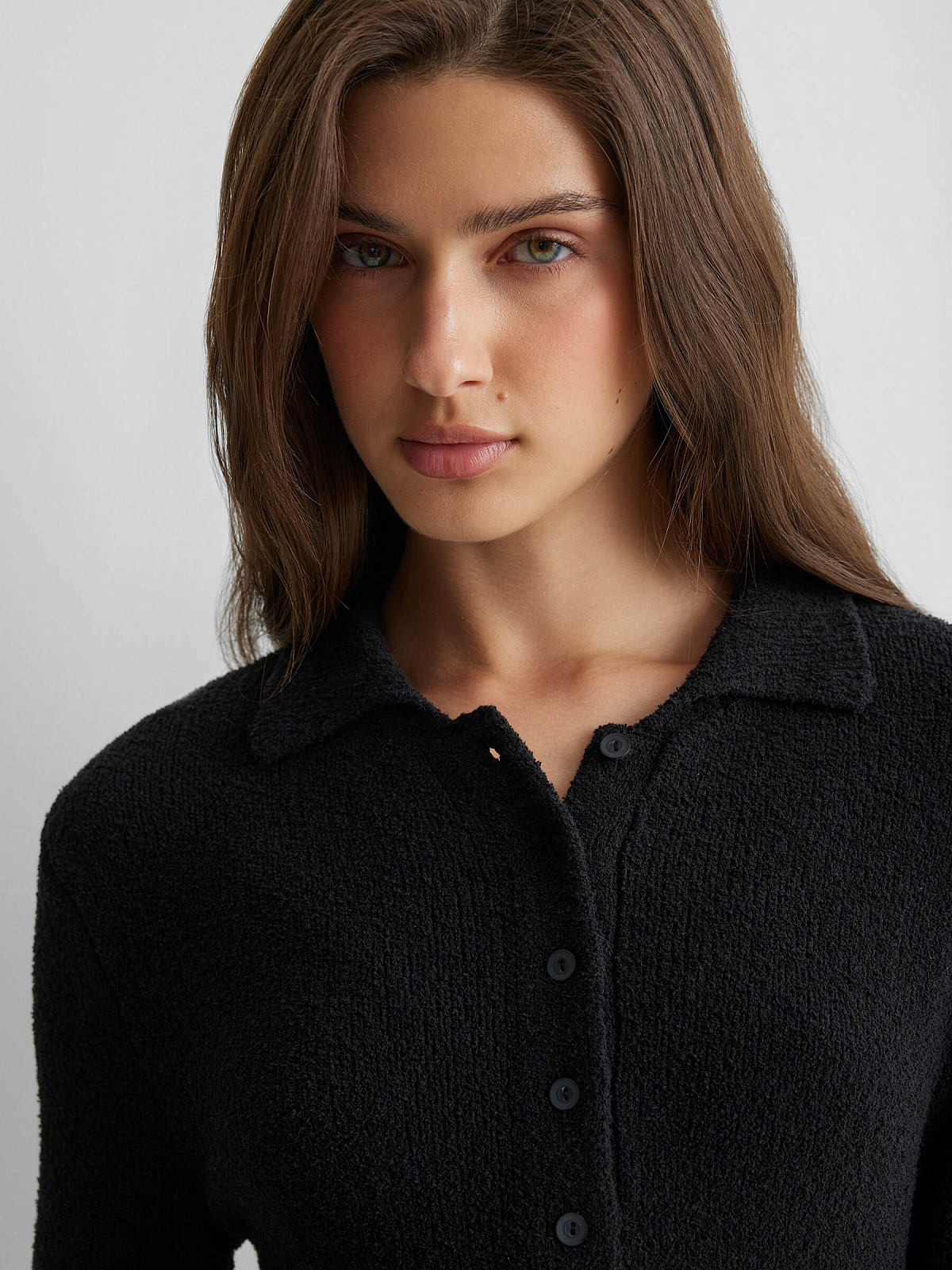 Платье поло с длинным рукавом из хлопка букле, черный