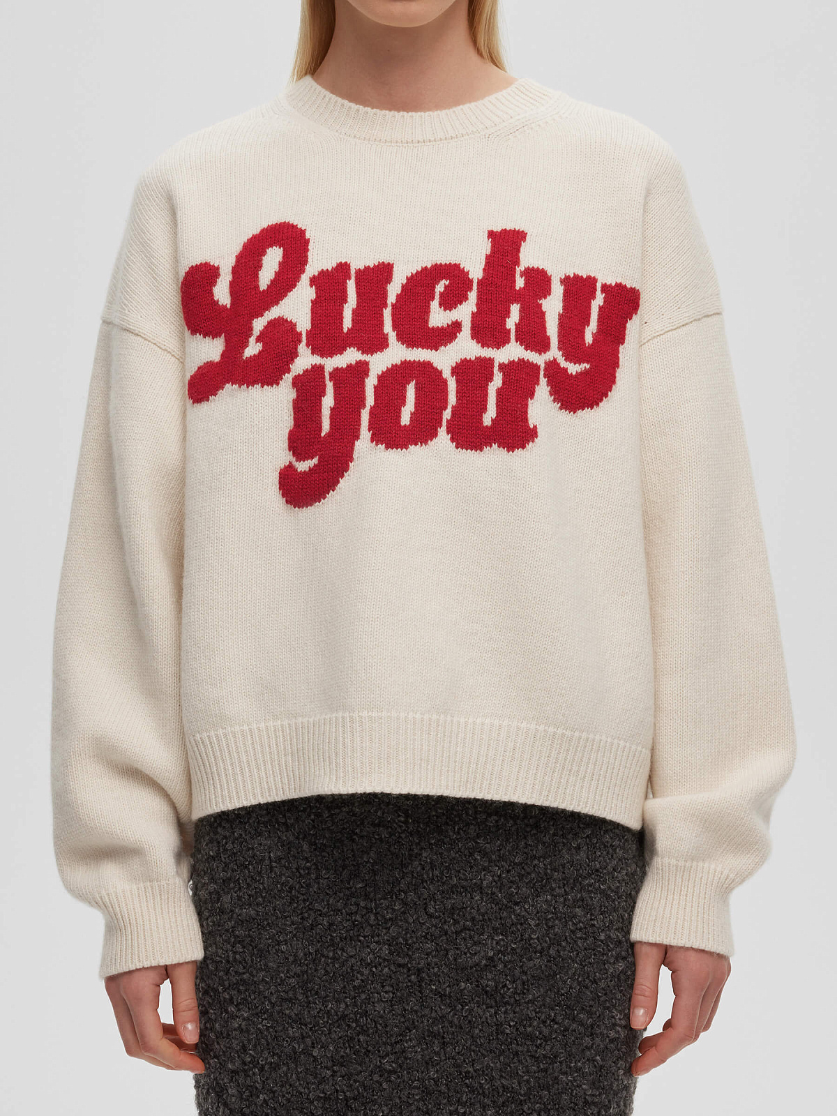Джемпер с интарсией Lucky you, молочно-красный