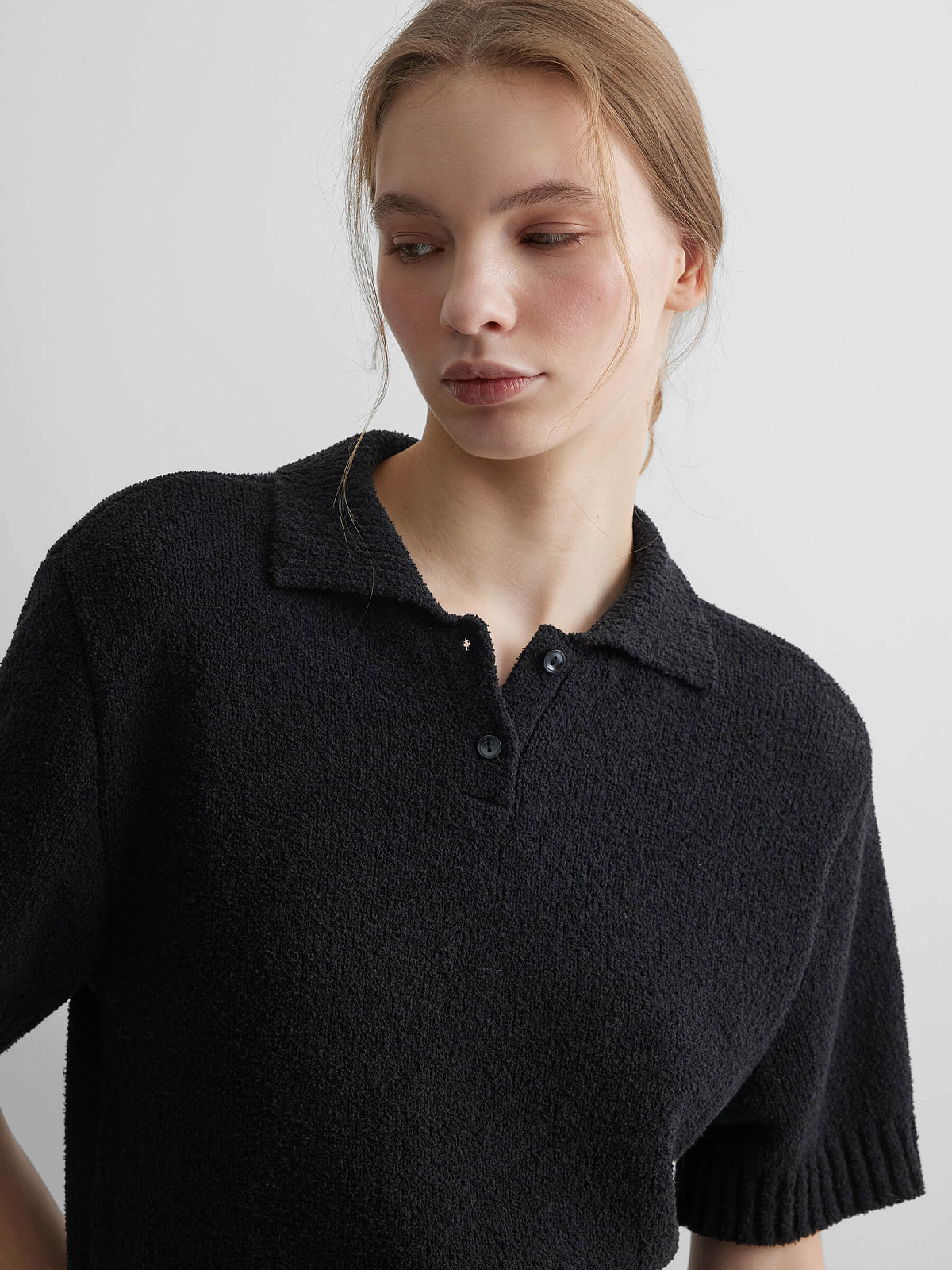 Поло с коротким рукавом из хлопка букле, черный